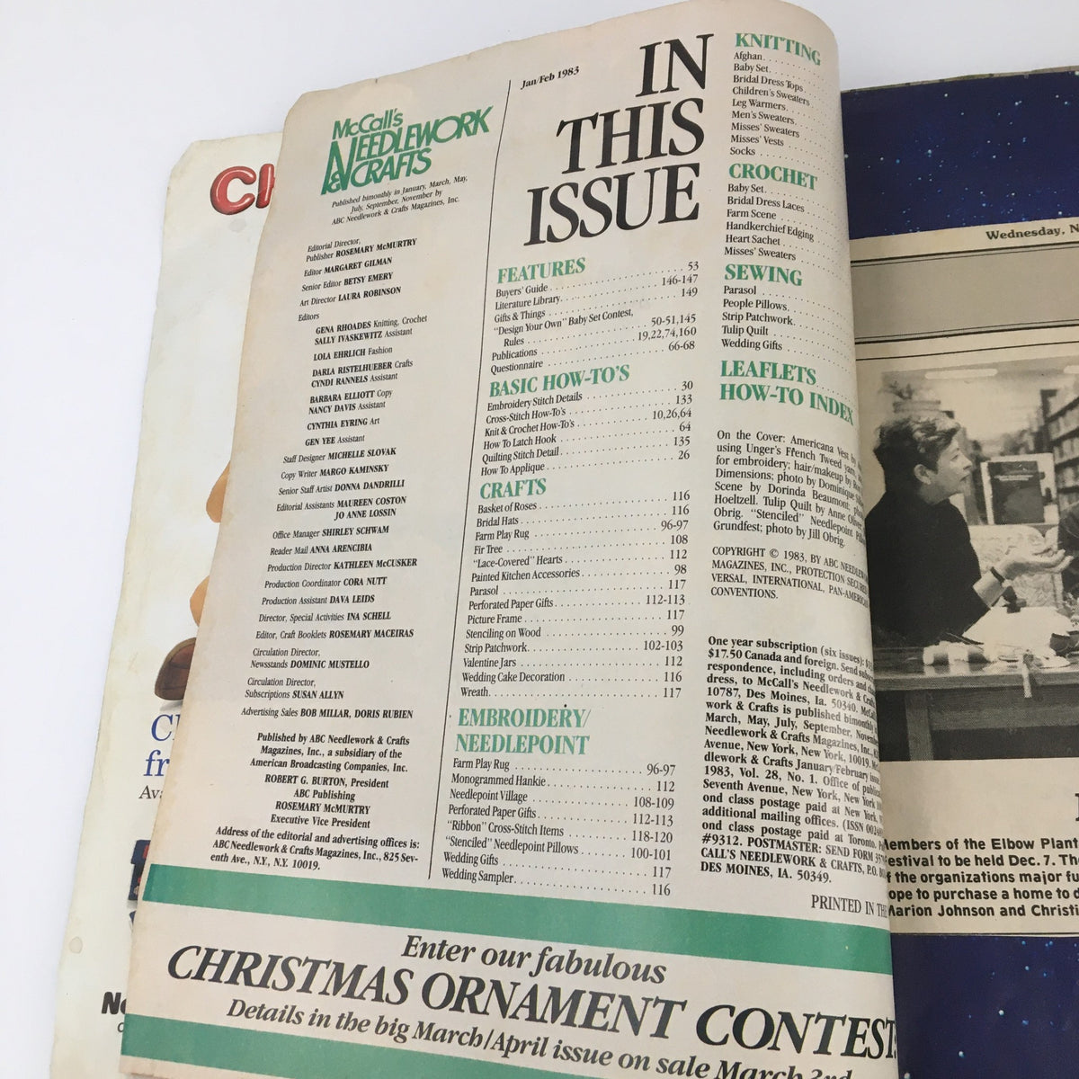 Table of contents page from McCall's Needlework & Crafts Magazine February 1983, detailing features and crafts included in the issue.