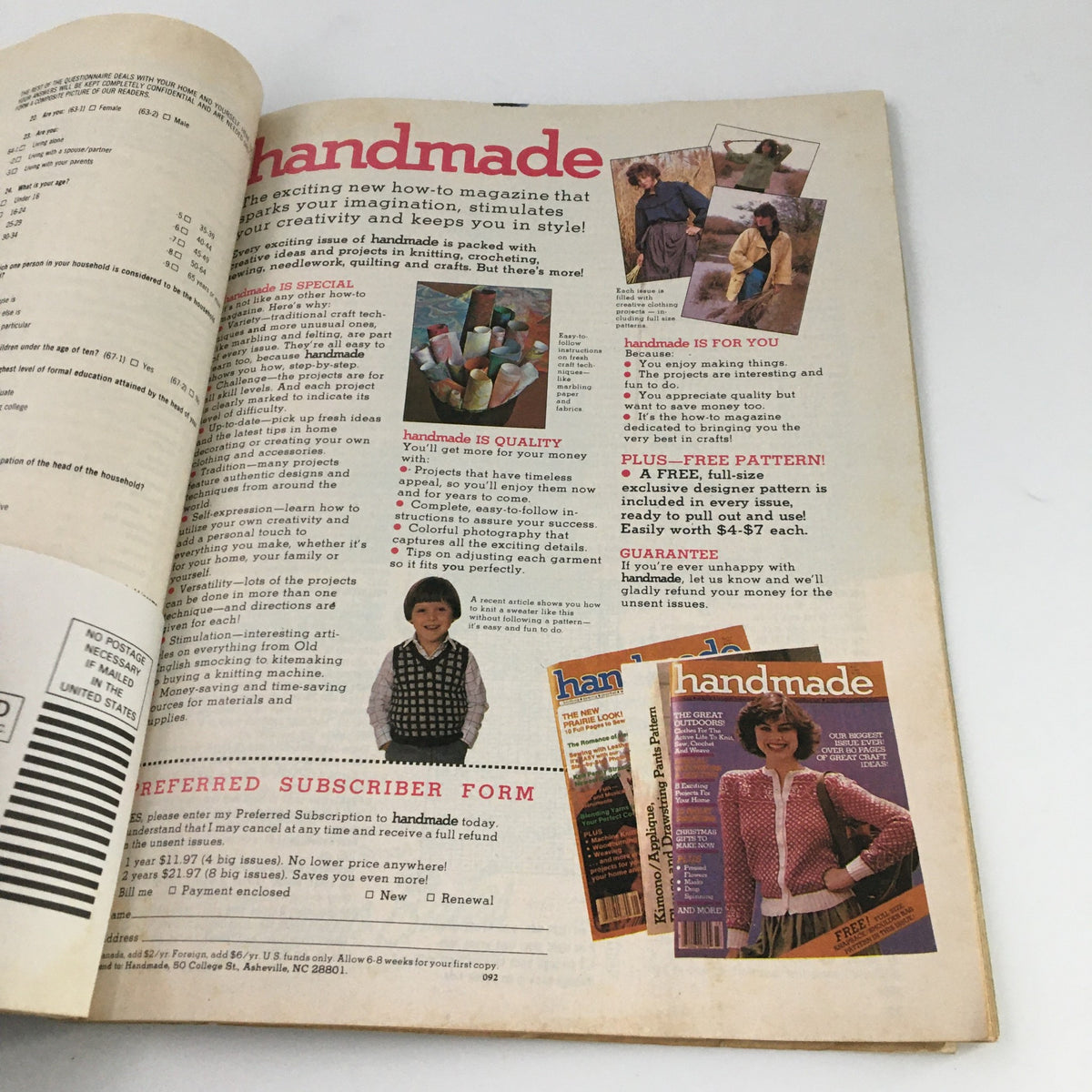 McCall's Needlework & Crafts Magazine February 1983 includes a page promoting Handmade magazine, emphasizing creativity in crafting with knitting and sewing projects.