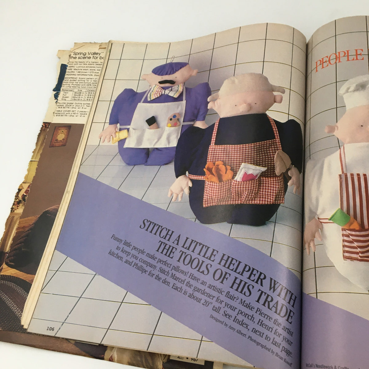 Craft projects illustrated in McCall's Needlework & Crafts Magazine February 1983, showcasing soft doll-like figures dressed in various attire, demonstrating creative crafting techniques.