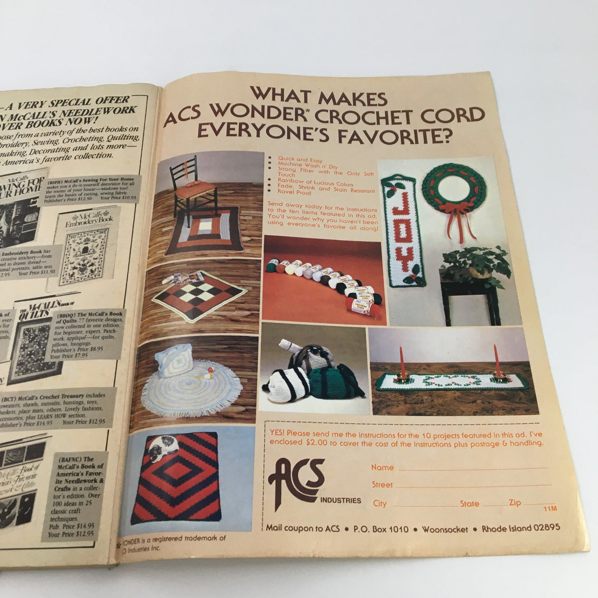 Advert from McCall's Needlework & Crafts Magazine February 1983 highlighting ACS Wonder crochet cord products, combined with various crochet project ideas for home decor.