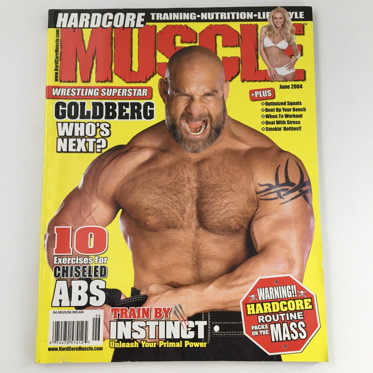 Cover of Hardcore Muscle Magazine from June 2004 featuring wrestling superstar Bill Goldberg, showcasing fitness content and exercises for chiseled abs.