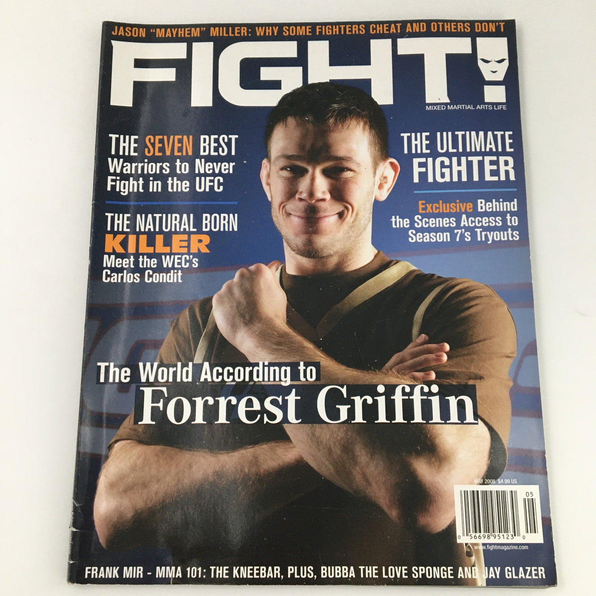 Fight Magazine May 2008 cover featuring Forrest Griffin, highlighting MMA news and articles including his insights and tips for fighters.