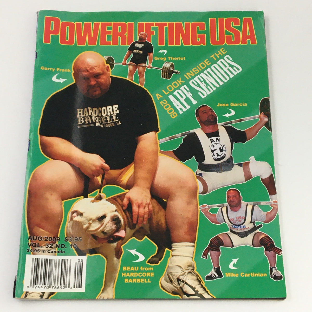 Cover of Powerlifting USA Magazine August 2009 Vol 32 #10 featuring Garry Frank, showcasing powerlifting culture and community.