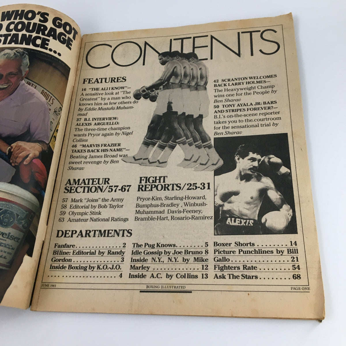 Inside content page of VTG Boxing Illustrated Magazine, June 1983, outlining featured articles and boxing reports.