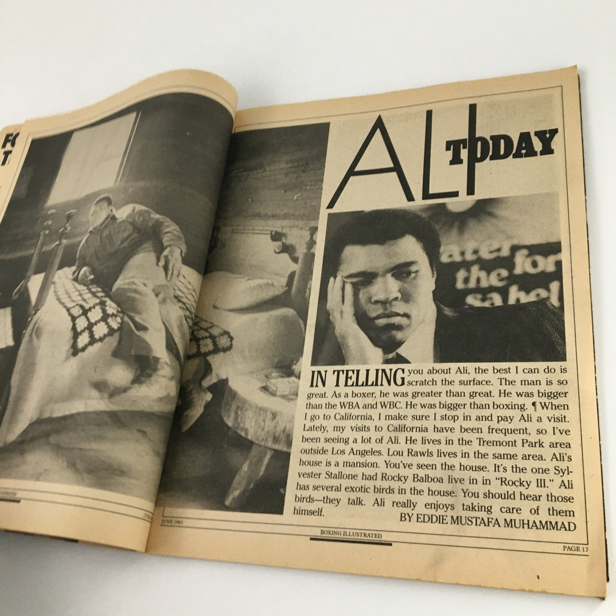 Article layout from VTG Boxing Illustrated Magazine, June 1983, featuring an in-depth piece titled 'Ali Today' by Eddie Mustafa Muhammad.