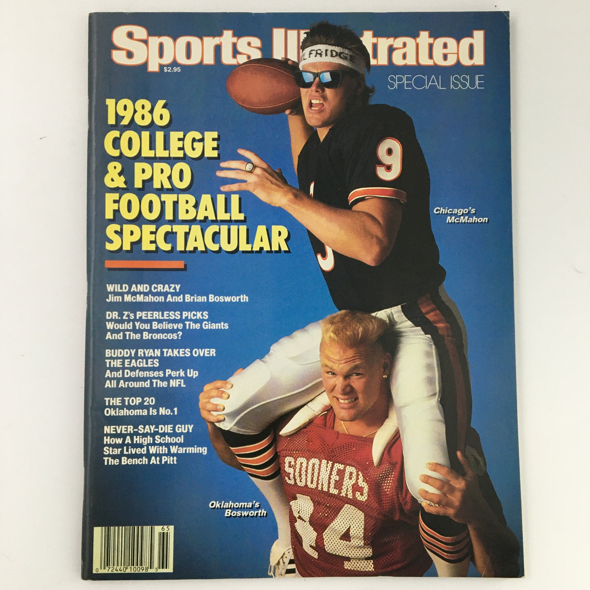 Cover of Sports Illustrated Magazine September 3, 1986, Vol 65 #10 featuring Jim McMahon and Brian Bosworth, highlighting '1986 College & Pro Football Spectacular' with vibrant design and text.