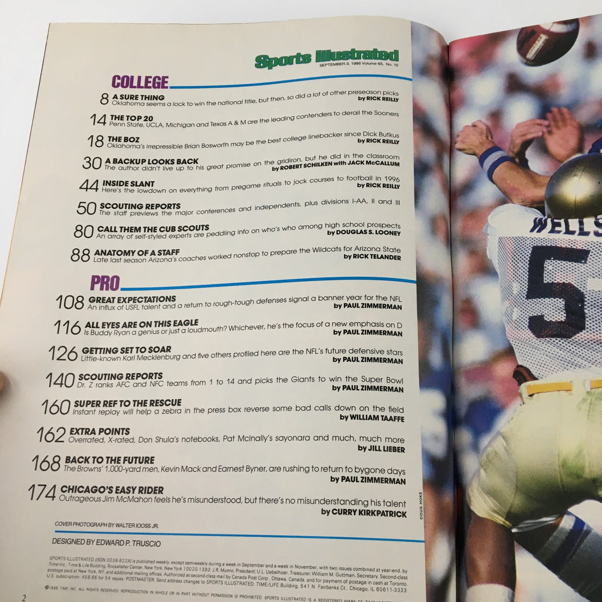 Inside page of Sports Illustrated Magazine September 3, 1986, Vol 65 #10 showcasing detailed articles, team analyses, and player highlights relating to football during the mid-1980s.