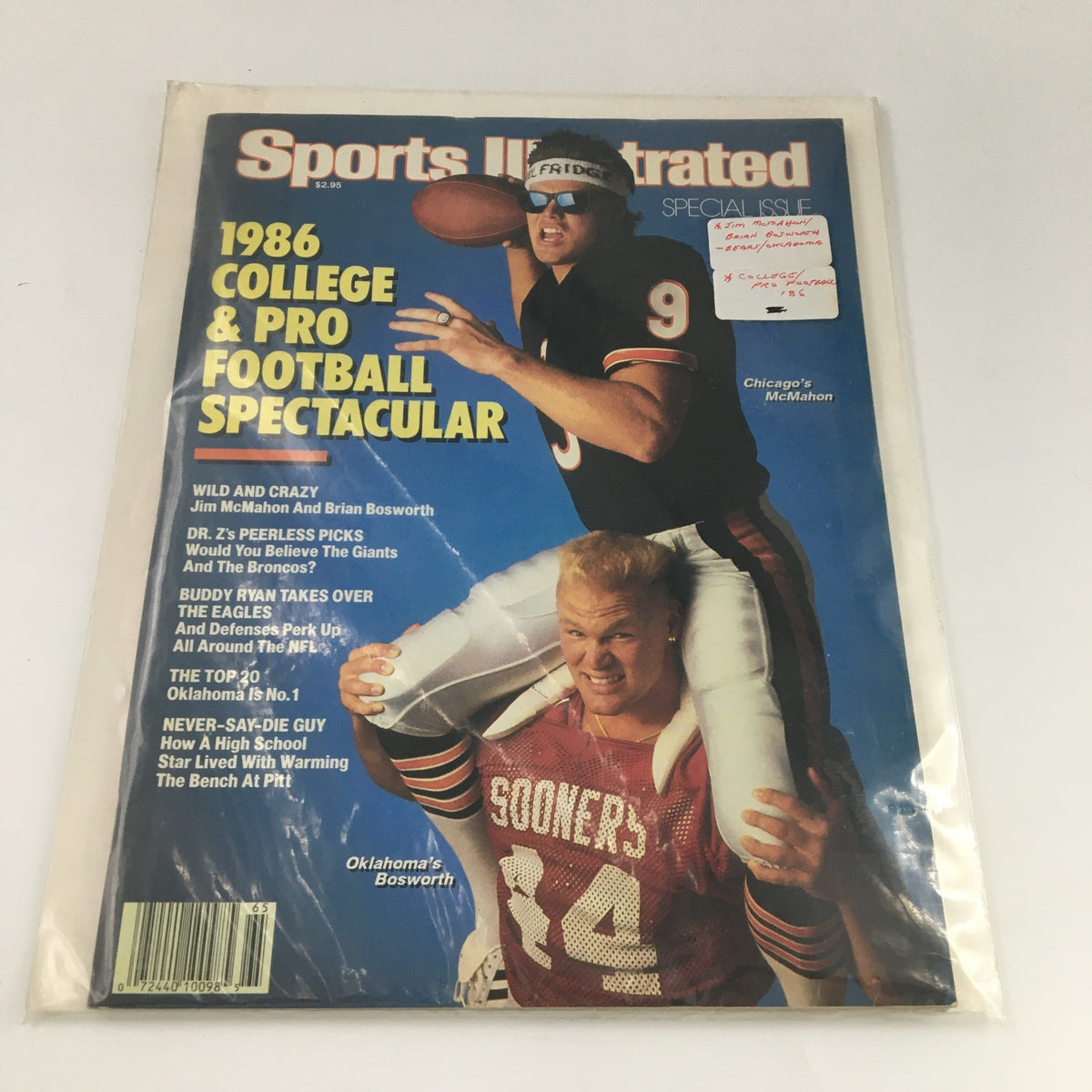 Cover of Sports Illustrated Magazine September 3, 1986, Volume 65, No. 10 showcasing Jim McMahon and Brian Bosworth, labeled as a special issue on college and pro football.