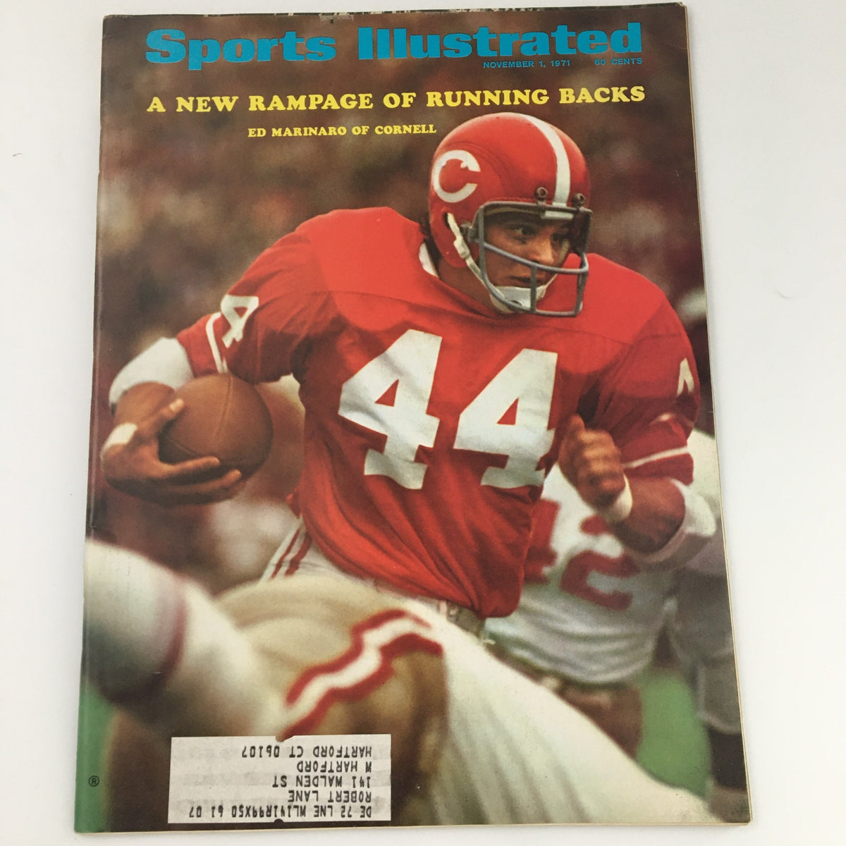 Cover of Sports Illustrated magazine from November 1, 1971, featuring Ed Marinaro from Cornell University wearing red football gear with the number 44, showcasing a vintage piece of sports history.