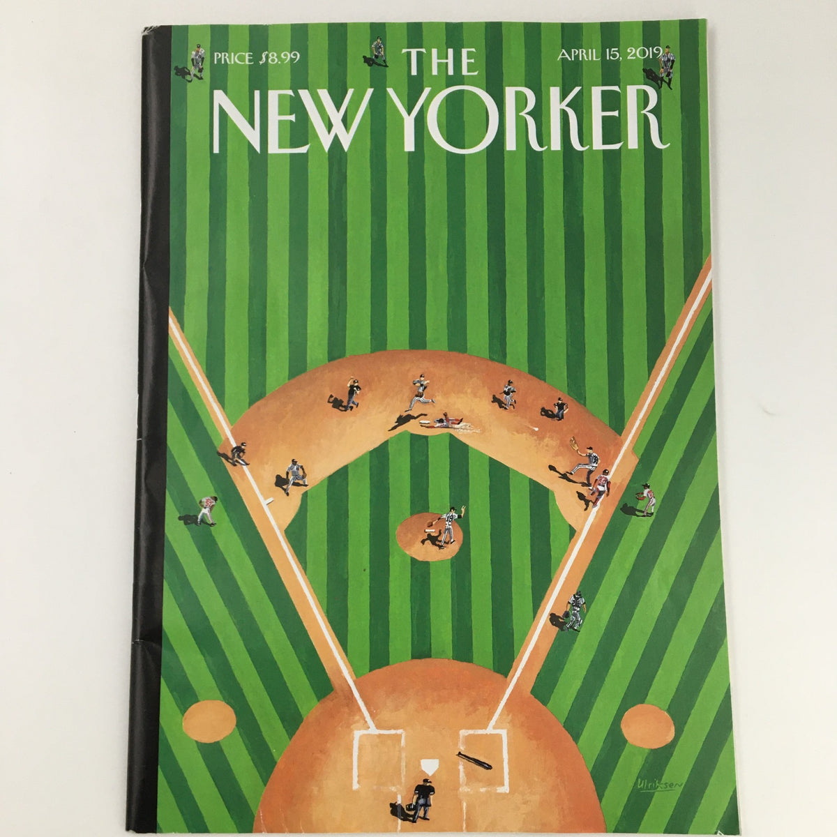 The New Yorker April 15 2019 Full Magazine Theme Cover by Mark Ulriksen, featuring vibrant green baseball field illustration with players, capturing contemporary cultural topics.