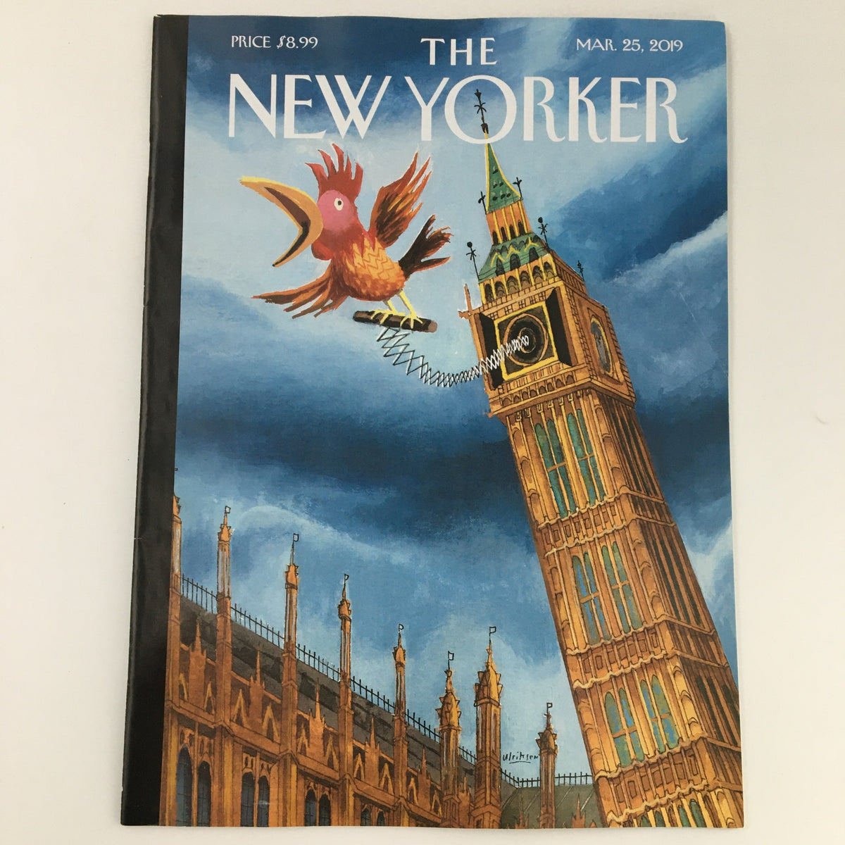 Cover of The New Yorker magazine dated March 25, 2019, featuring whimsical artwork by Mark Ulriksen, depicting a colorful bird flying over Big Ben.