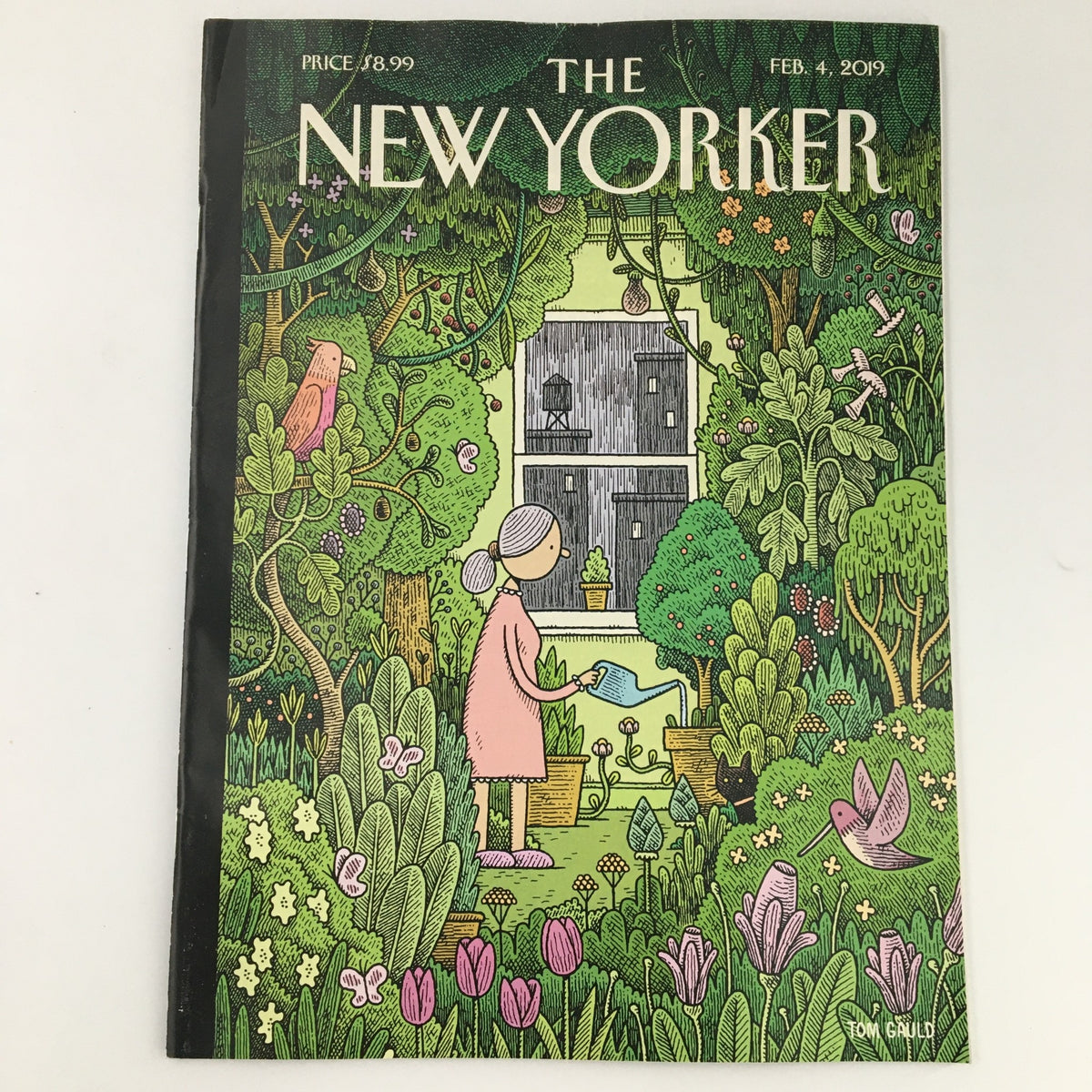 Cover of The New Yorker February 4 2019 featuring a whimsical illustration by Tom Gauld, depicting a woman among lush greenery and vibrant flowers, showcasing the magazine's artistic style.