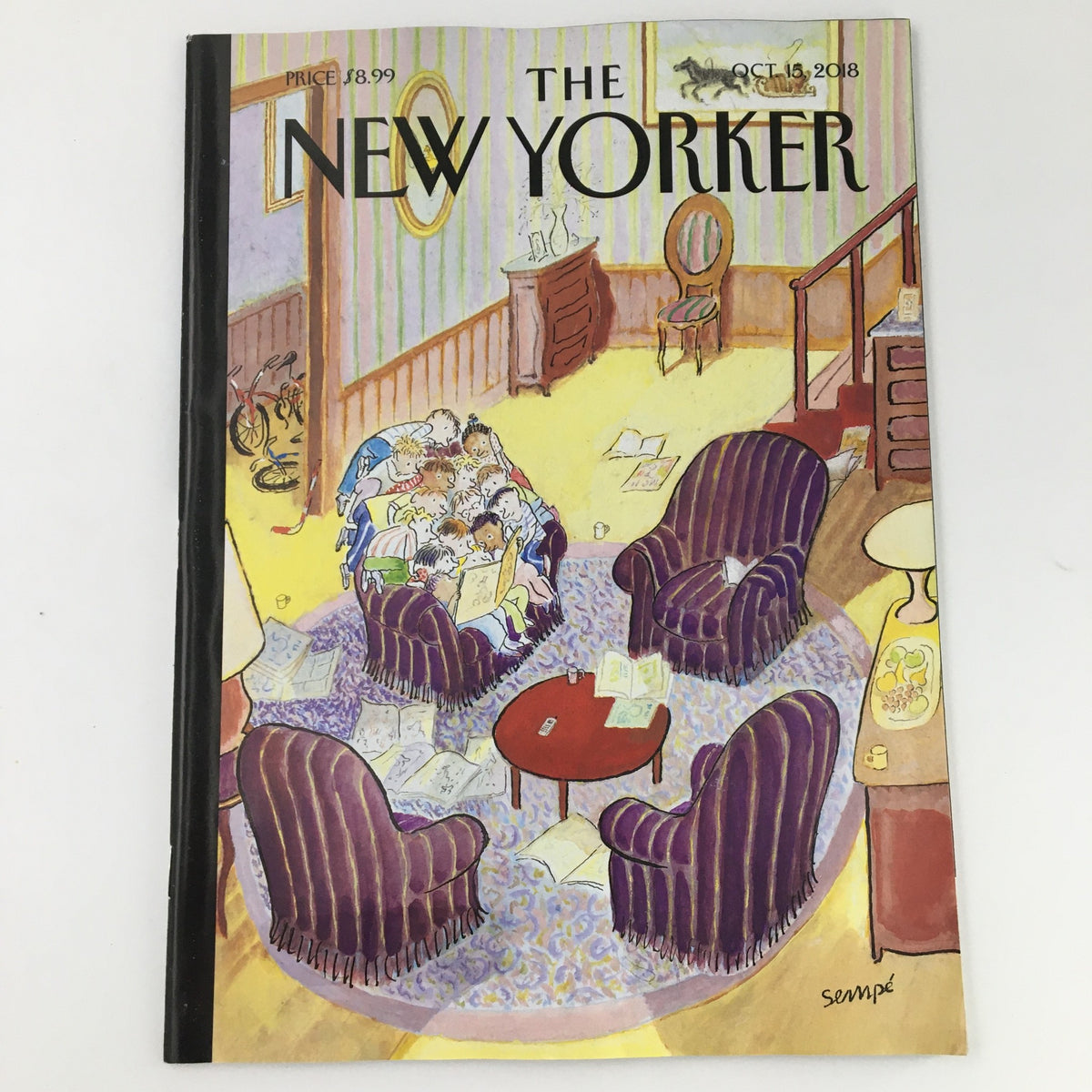 The New Yorker October 15 2018 Full Magazine Cover featuring a cozy living room scene illustrated by Jean-Jacques Sempé, highlighting elegant armchairs and piles of magazines, perfect for collectors.