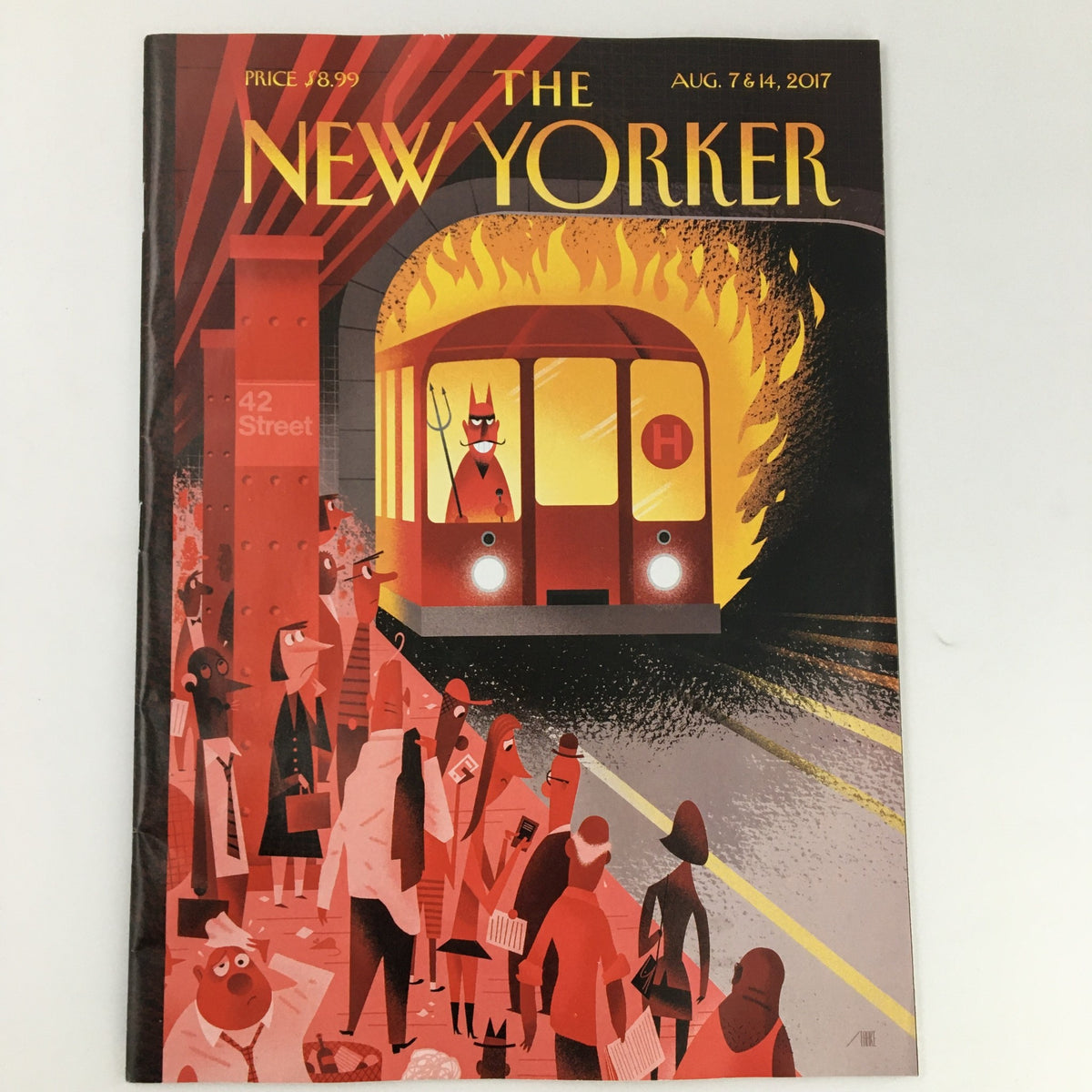 The New Yorker August 7 & 14 2017 Full Magazine Theme Cover by Bob Staake, featuring vibrant illustrations of a subway scene with fiery elements and diverse characters, reflecting contemporary cultural themes.