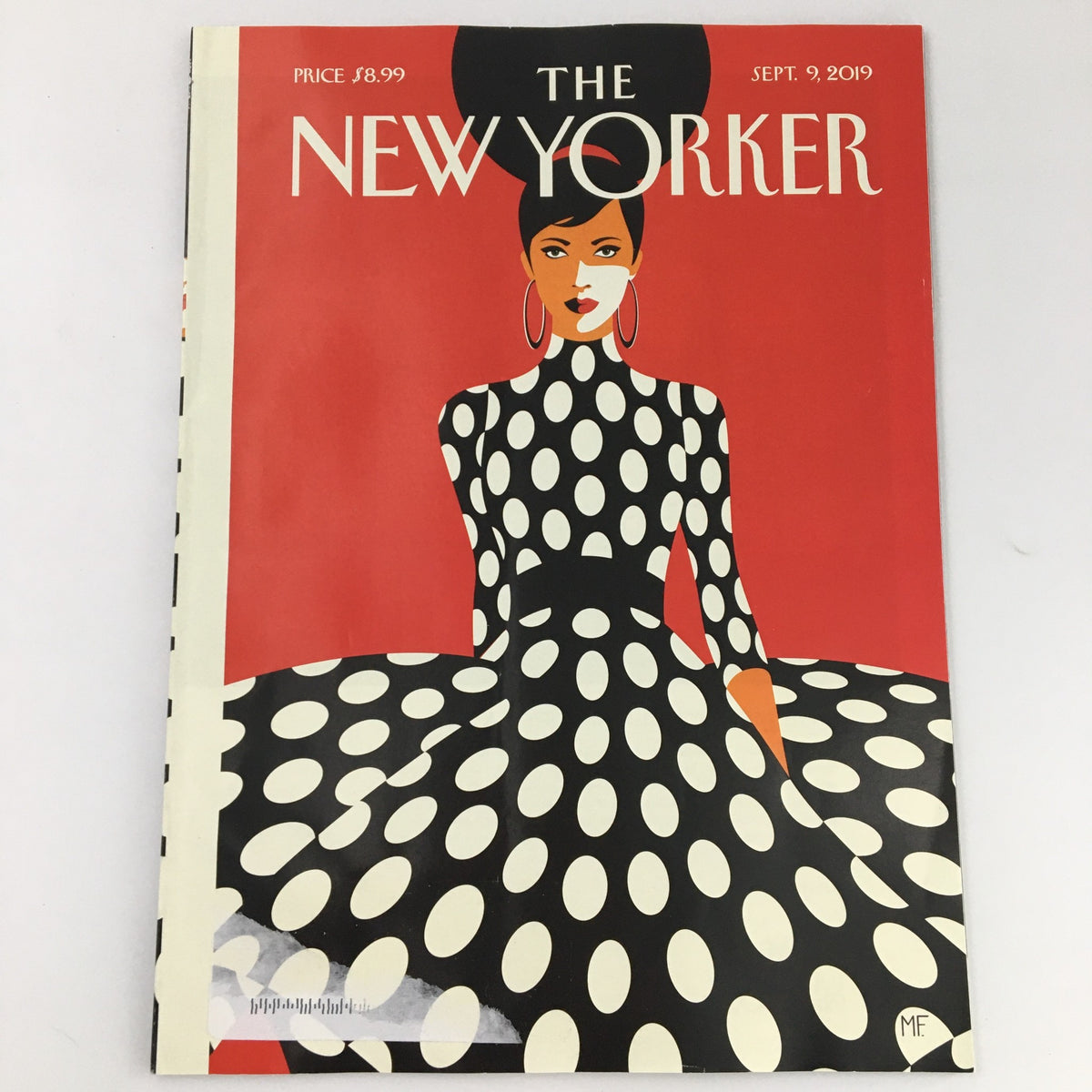 The New Yorker September 9 2019 Full Magazine Cover designed by Malika Favre, featuring a stylish woman in a polka dot dress on a vibrant red background.