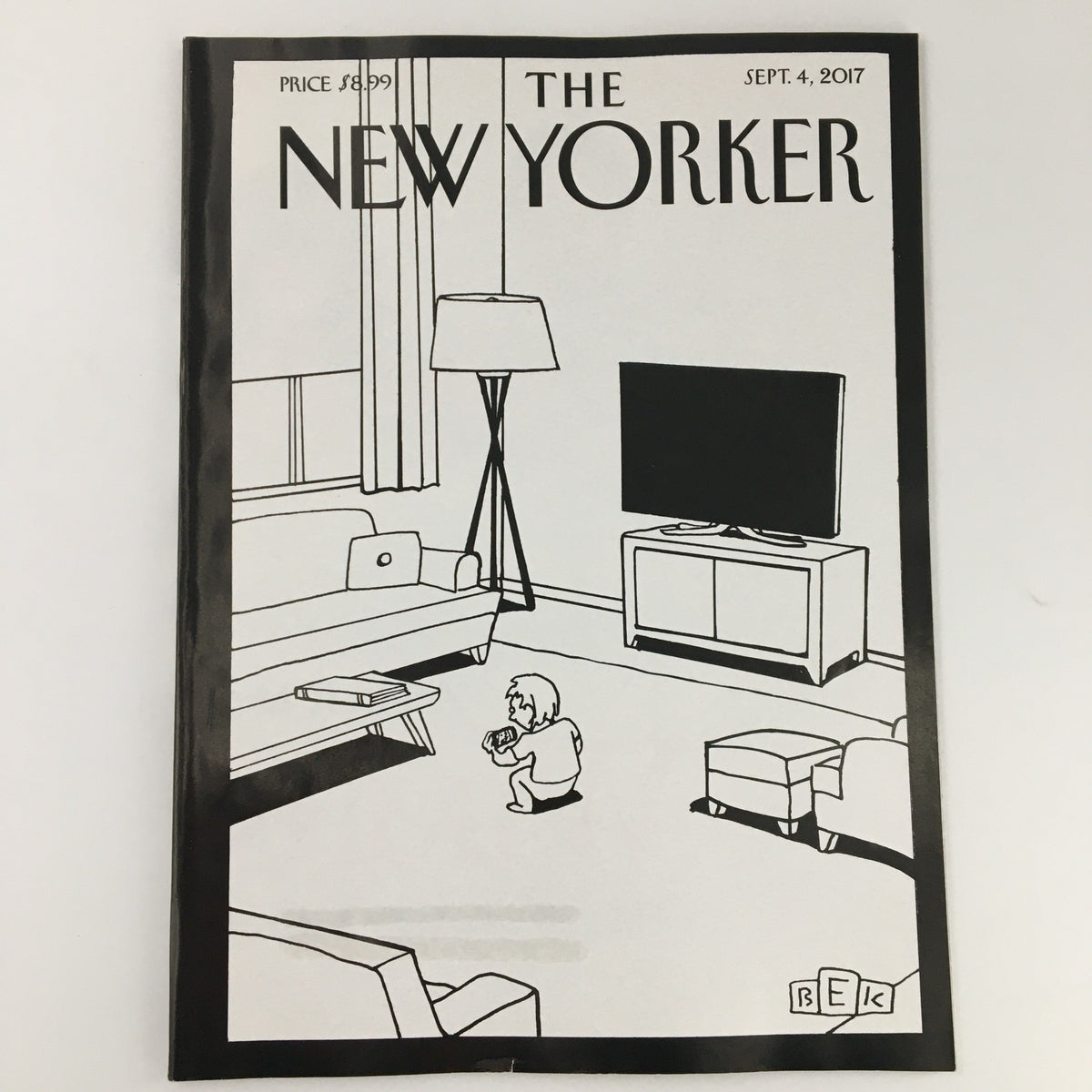Cover of The New Yorker September 4 2017 magazine, featuring artwork by Bruce Eric Kaplan, depicting a child in a modern living room setting.