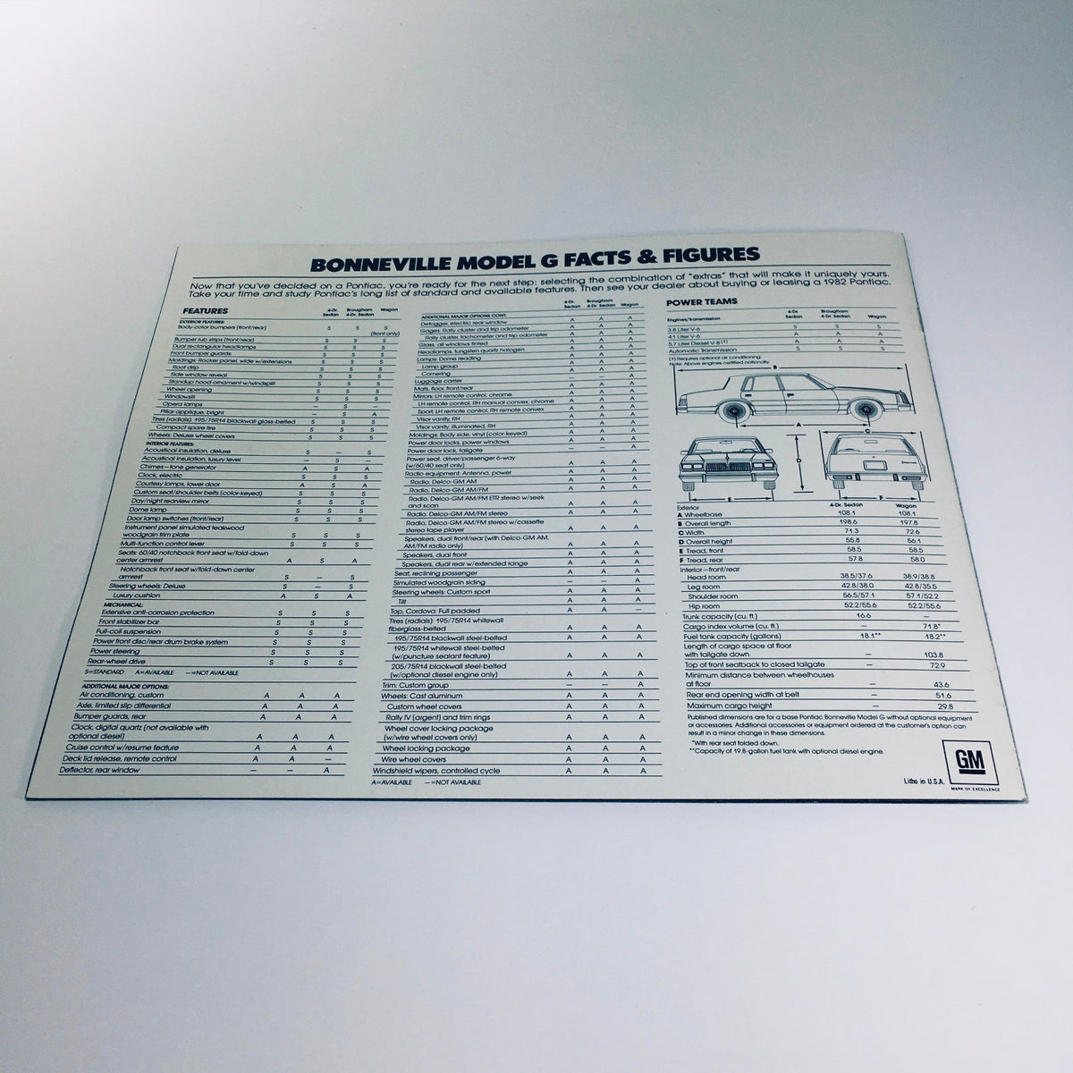Specifications and features list for the 1982 Pontiac Bonneville Model G Brougham 4-Door Sedan, detailing performance metrics and amenities as outlined in the car sales brochure.
