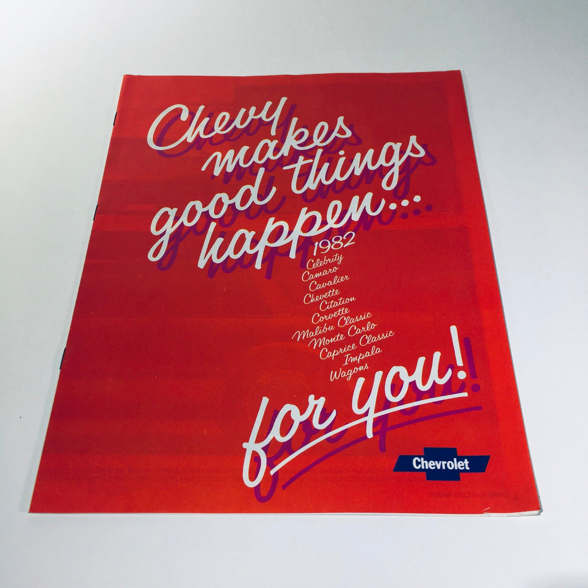 Cover of the 1982 Chevrolet Celebrity, Camaro, Cavalier, Citation brochure featuring the slogan 'Chevy makes good things happen for you!' showcasing the iconic designs of Chevrolet from October 1981.