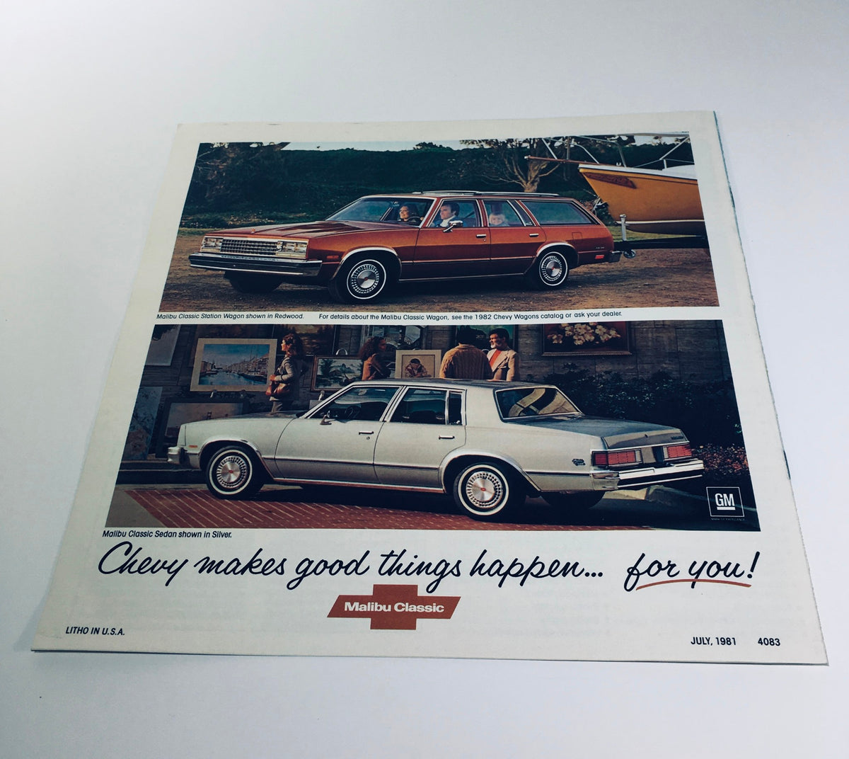 1982 Malibu Classic Chevrolet July 1981 Issue 4083 Car Catalog Brochure advertising the Malibu Classic with two car models shown and the caption 'Chevy makes good things happen... for you!'