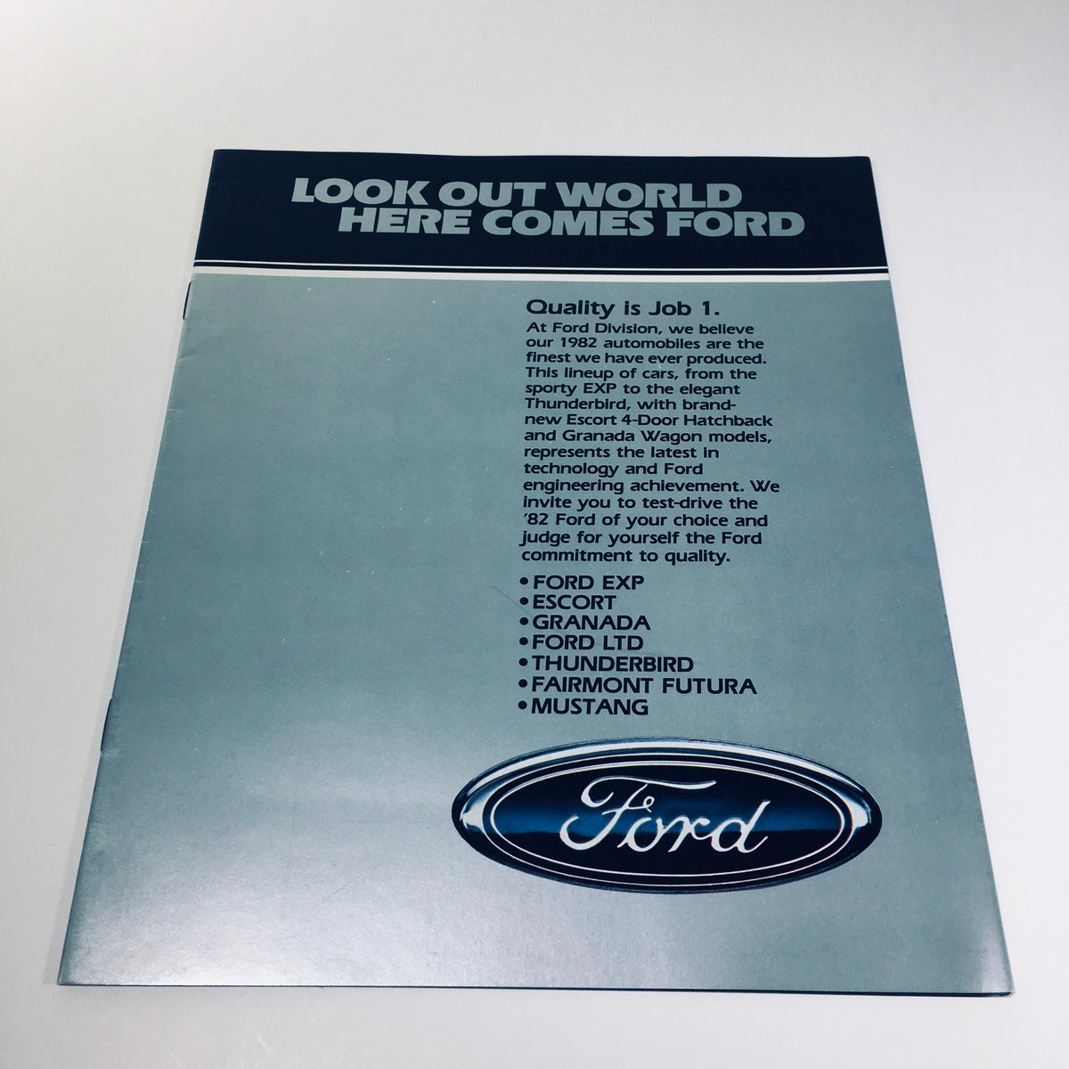 Cover of the 1982 Ford Exp, Escort, Granada, LTD 016-Ann: 8/81 Car Catalog Brochure showcasing Ford's commitment to quality in automobile engineering.