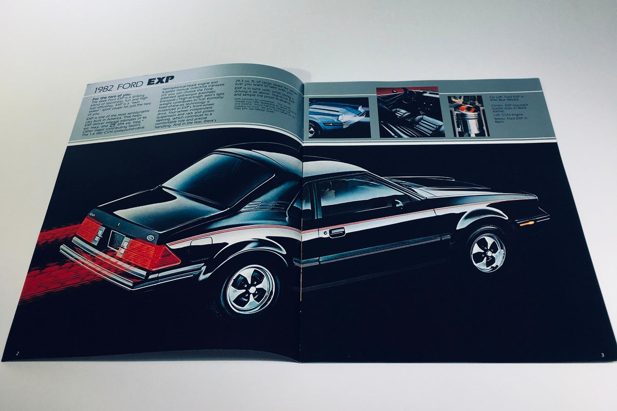 Interior page featuring the 1982 Ford EXP from the 1982 Ford Exp, Escort, Granada, LTD 016-Ann: 8/81 Car Catalog Brochure, highlighting its sleek design.