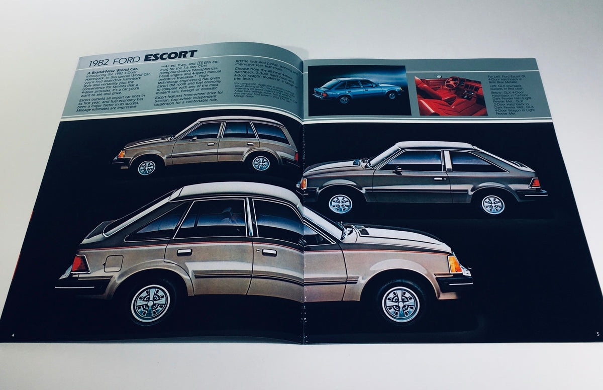 Interior page displaying the 1982 Ford ESCORT from the 1982 Ford Exp, Escort, Granada, LTD 016-Ann: 8/81 Car Catalog Brochure, showcasing its side profile.