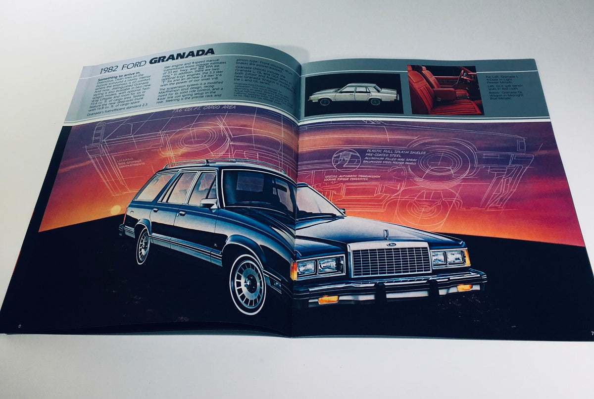 Interior page featuring the 1982 Ford GRANADA from the 1982 Ford Exp, Escort, Granada, LTD 016-Ann: 8/81 Car Catalog Brochure, illustrating its stylish exterior.