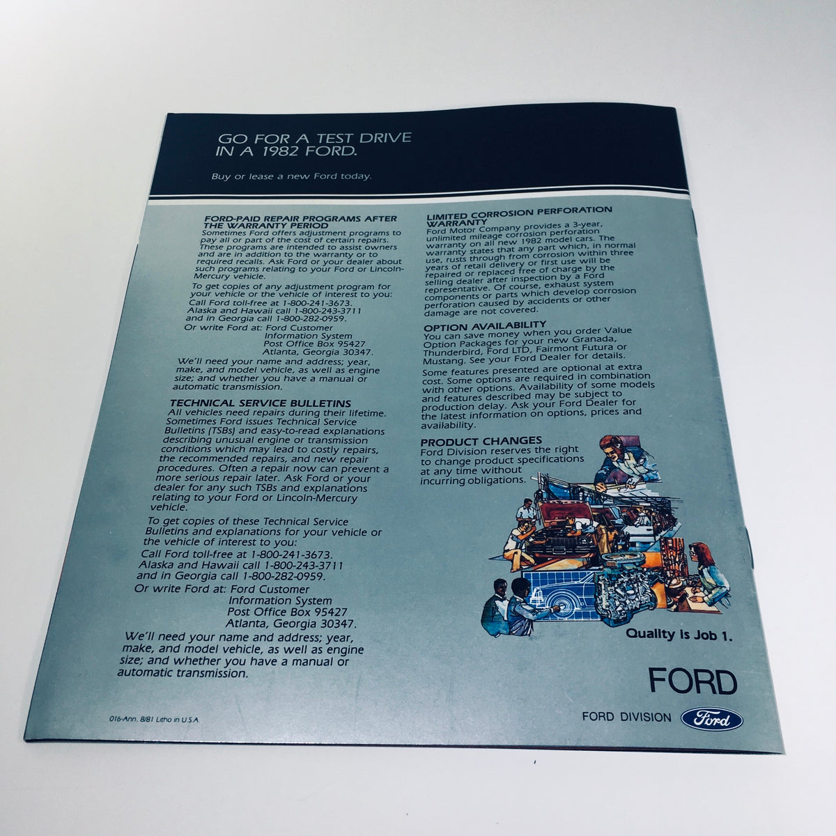 1982 Ford Exp, Escort, Granada, LTD 016-Ann: 8/81 Car Catalog Brochure showcasing Ford vehicles and service programs, featuring a detailed layout and informative content.