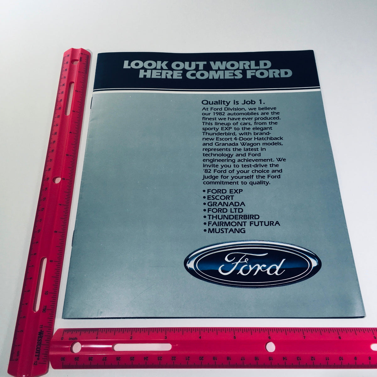 1982 Ford Exp, Escort, Granada, LTD 016-Ann: 8/81 Car Catalog Brochure highlighting Ford's commitment to quality and technology, including various Ford models and service options.