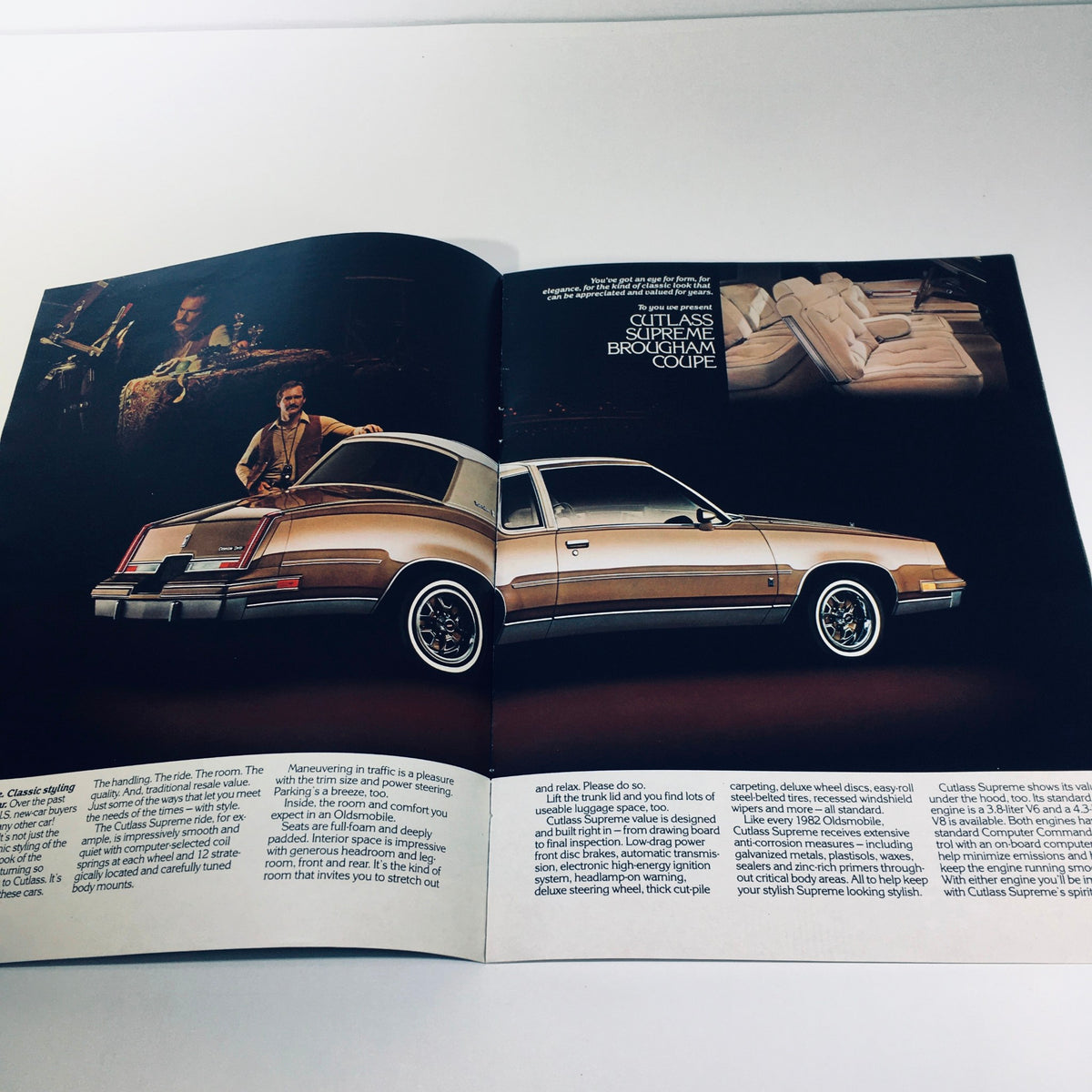 1982 Oldsmobile Cutlass Ciera, Supreme, Omega, Cruiser 9-81 Car Sales Brochure showcasing a Cutlass Supreme Brougham Coupe with a stylish interior and exterior design.