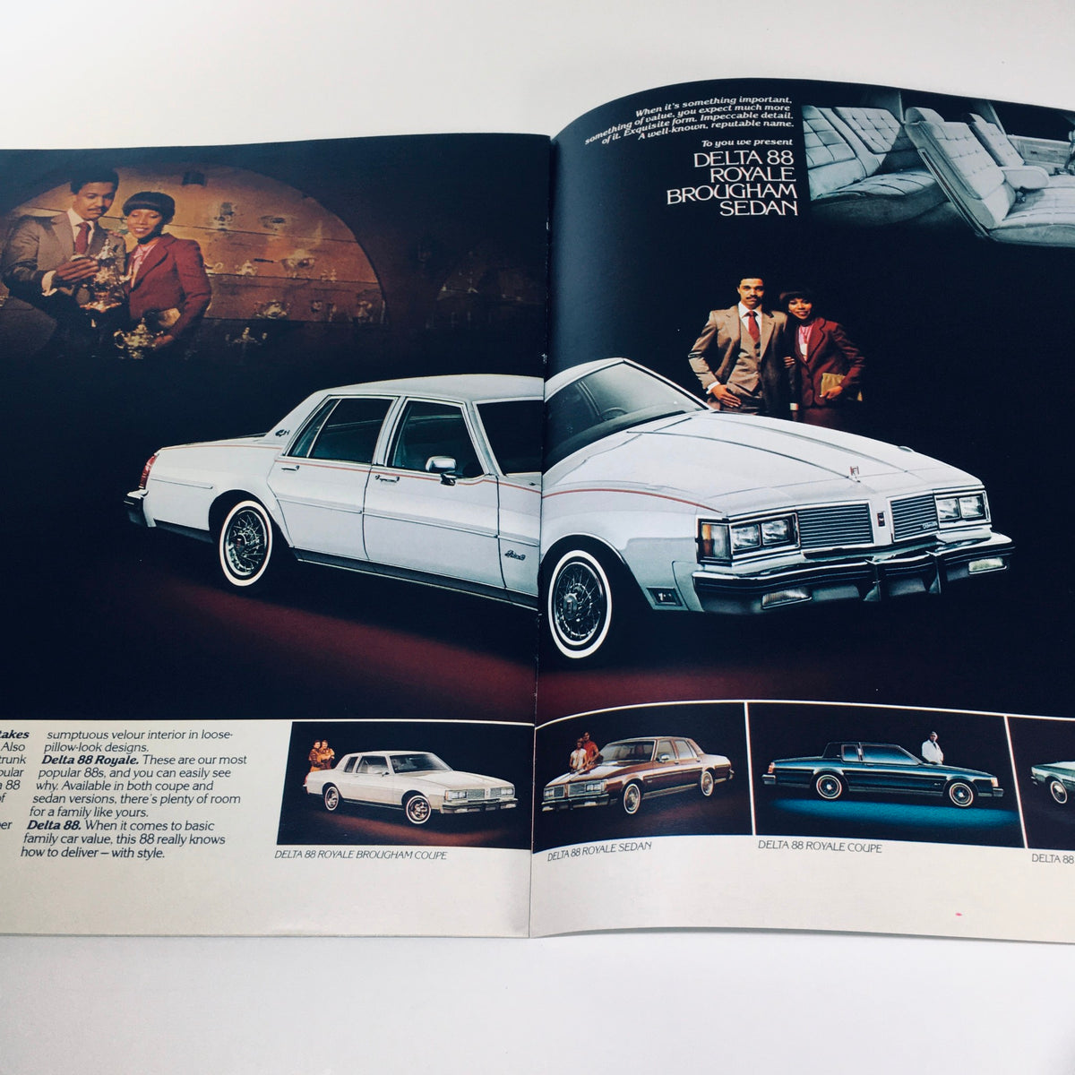 1982 Oldsmobile Cutlass Ciera, Supreme, Omega, Cruiser 9-81 Car Sales Brochure featuring a Delta 88 Royale Brougham Sedan and elegant interior setting.