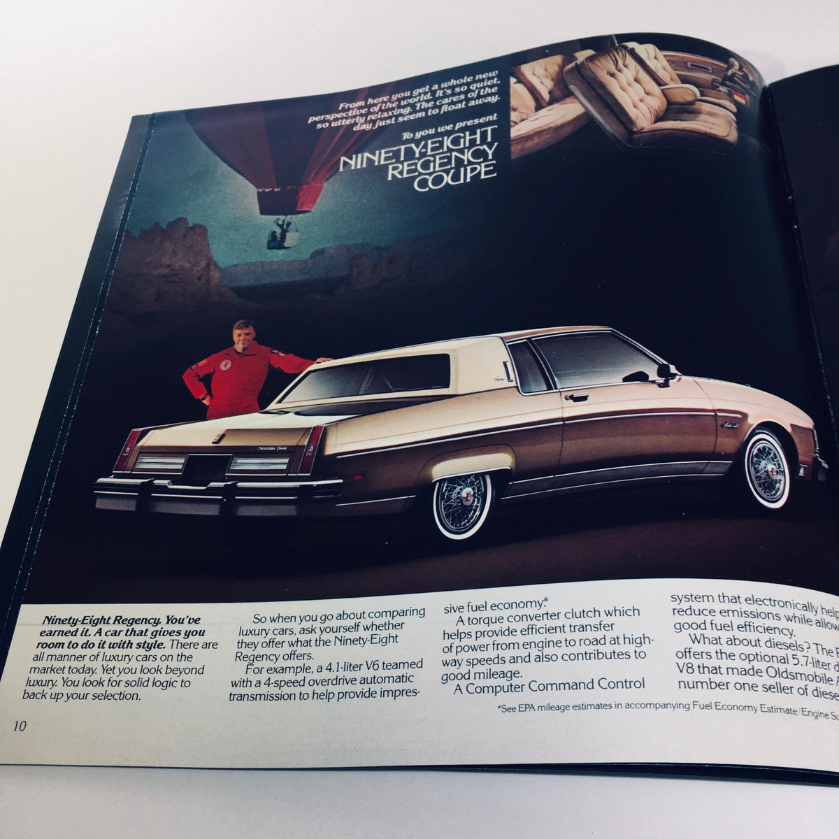 1982 Oldsmobile Tornado Ninety-Eight Delta 88 Wagons Car Sales Brochure featuring the Ninety-Eight Regency Coupe with text highlighting luxury features and specifications.