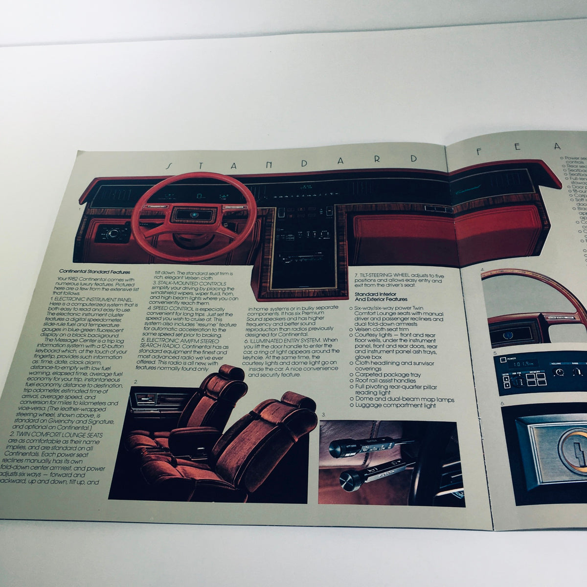 Detailed layout of the interior features from the 1982 Lincoln-Mercury Division Continental Givenchy Designer Series Car Brochure.