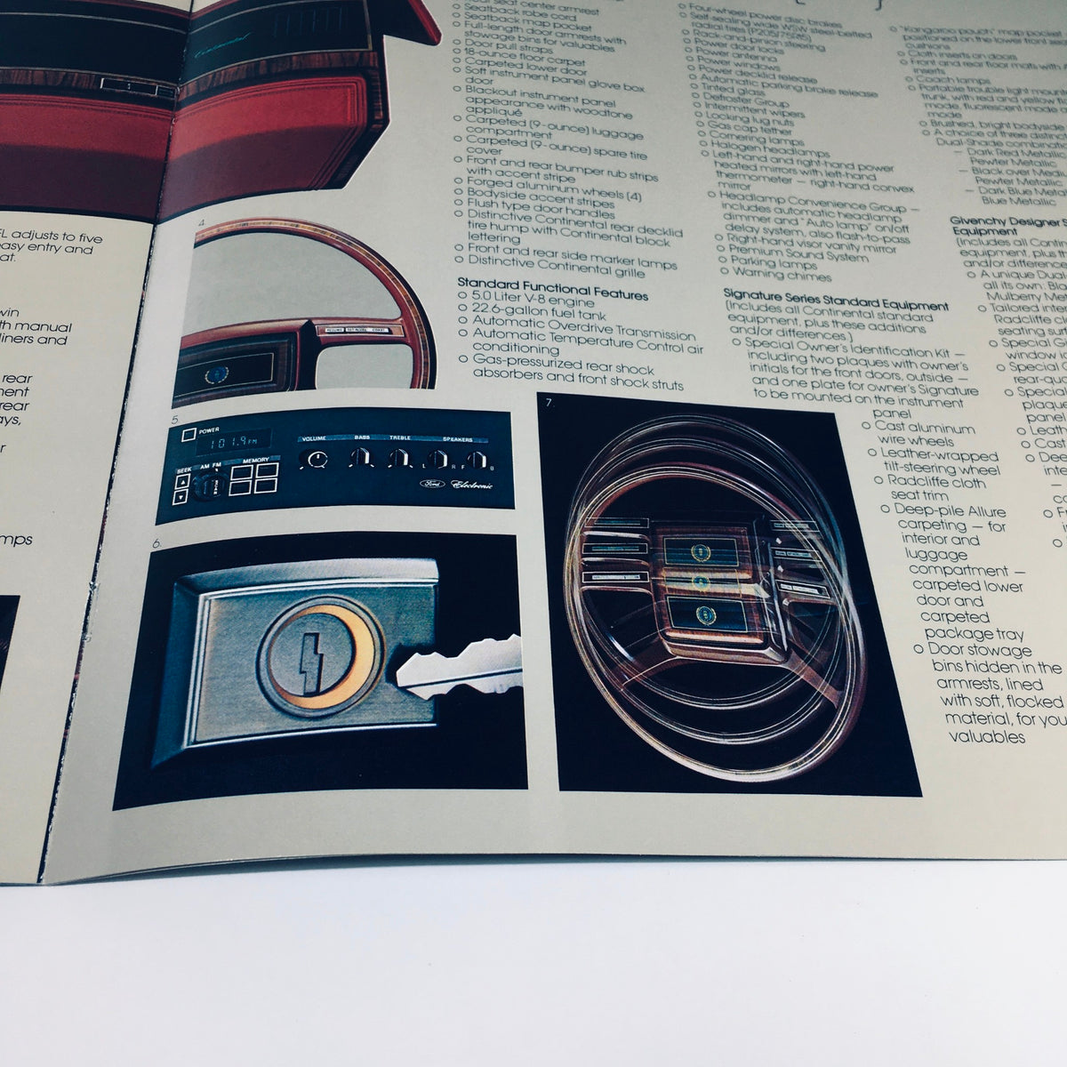 Close-up of standard functional features in the 1982 Lincoln-Mercury Division Continental Givenchy Designer Series Car Brochure showcasing dashboard and controls.