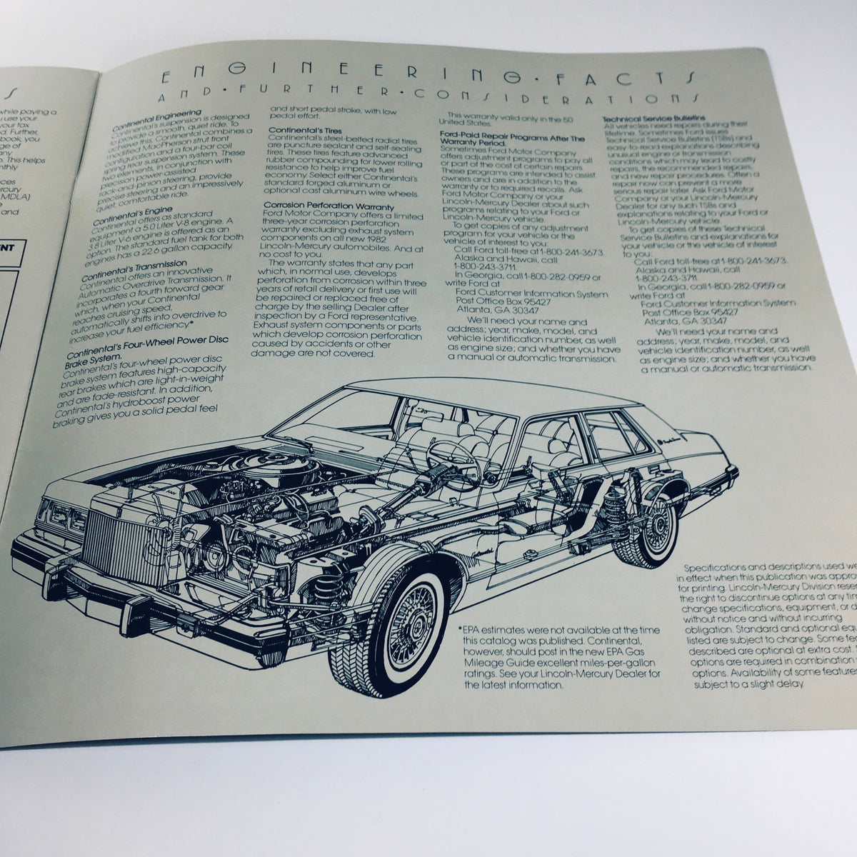 1982 Lincoln-Mercury Division Continental Givenchy Designer Series Car Brochure showcasing detailed engineering facts and specifications.