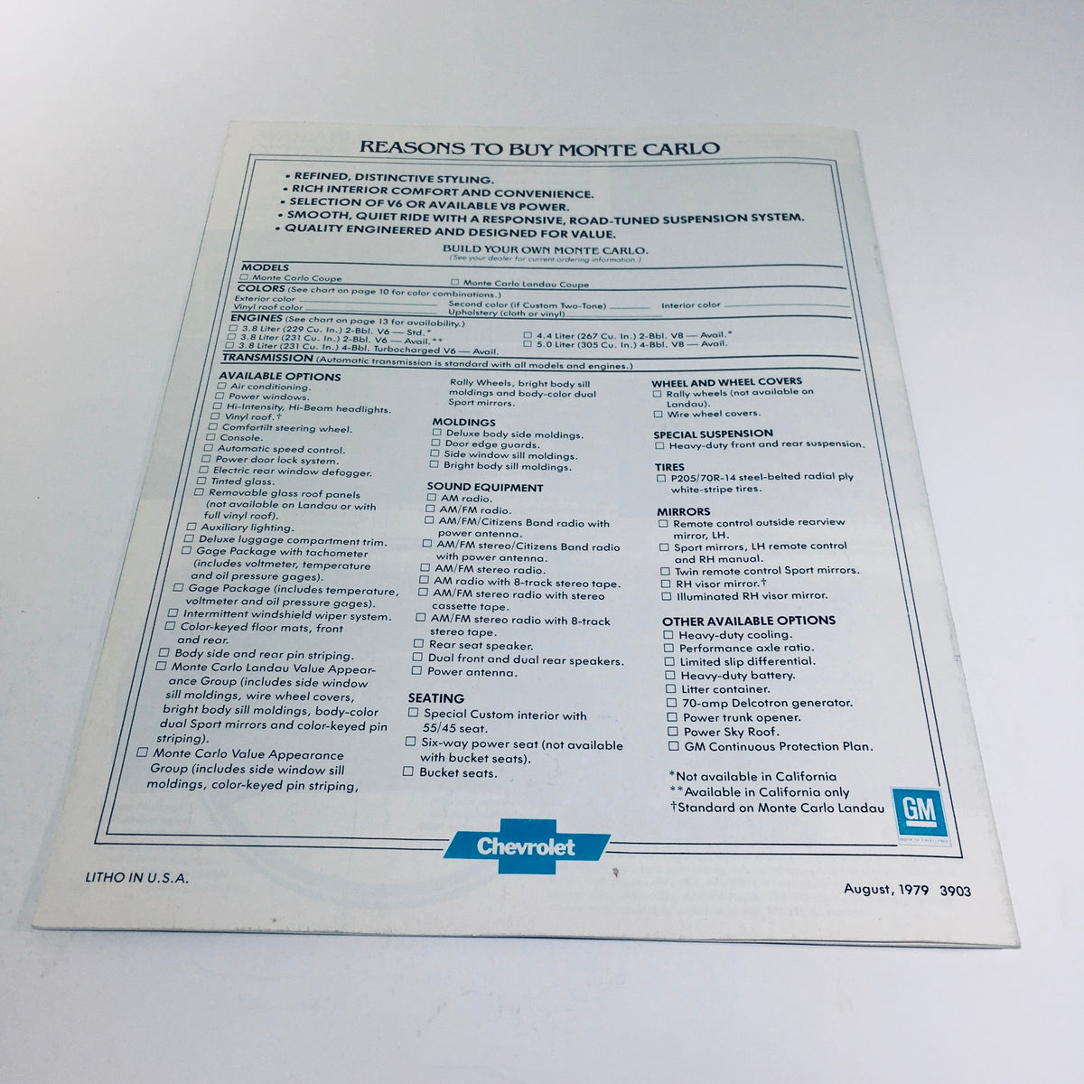 Detailed features list from the 1980 Chevrolet Monte Carlo Turbocharge V6 car sale brochure, August 1979, showcasing available options and specifications.