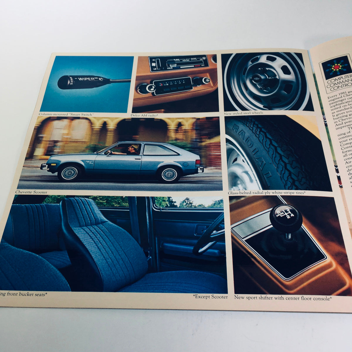 1981 Chevrolet Chevette 2-Door Hatchback Coupe Full Coil Suspension Car Brochure displaying various interior and exterior features of the Chevette, including a gear shift and dashboard.