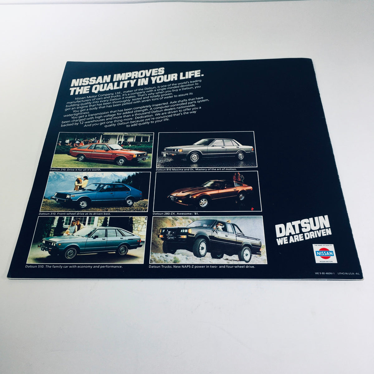 1981 Datsun 200-SX by Nissan Fuel Injected NAPS-Z Car Sale Brochure back cover featuring various Datsun models, emphasizing Nissan's commitment to quality and performance.