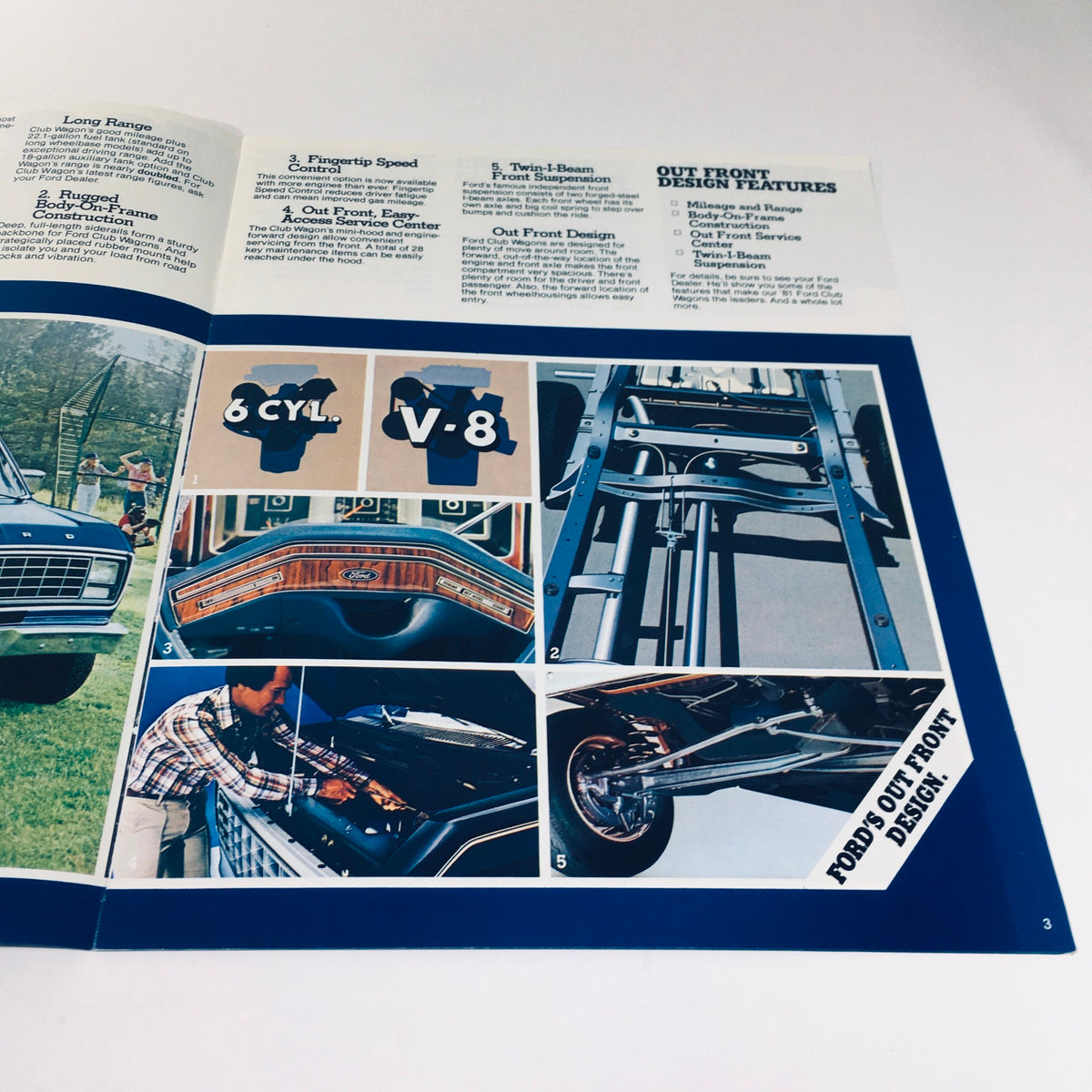 Detailed features and specifications collage from the 1981 Ford Wagon Club Wagon V-8 300 CID 6 4-Speed Manual Car Sale Brochure, highlighting engine options and design features.