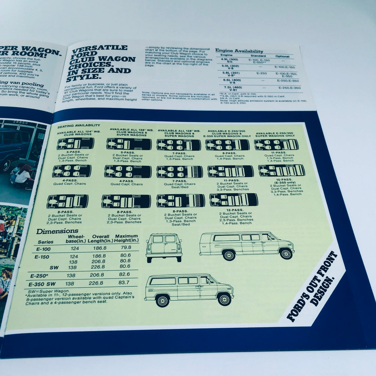 Another spread from the 1981 Ford Wagon Club Wagon V-8 300 CID 6 4-Speed Manual Car Sale Brochure presenting versatile seating configurations and dimensions.