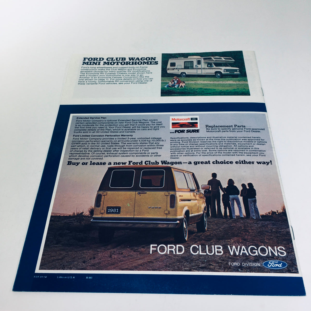 1981 Ford Wagon Club Wagon V-8 300 CID 6 4-Speed Manual Car Sale Brochure showcasing a vintage advertisement with a Ford Club Wagon in a scenic setting.