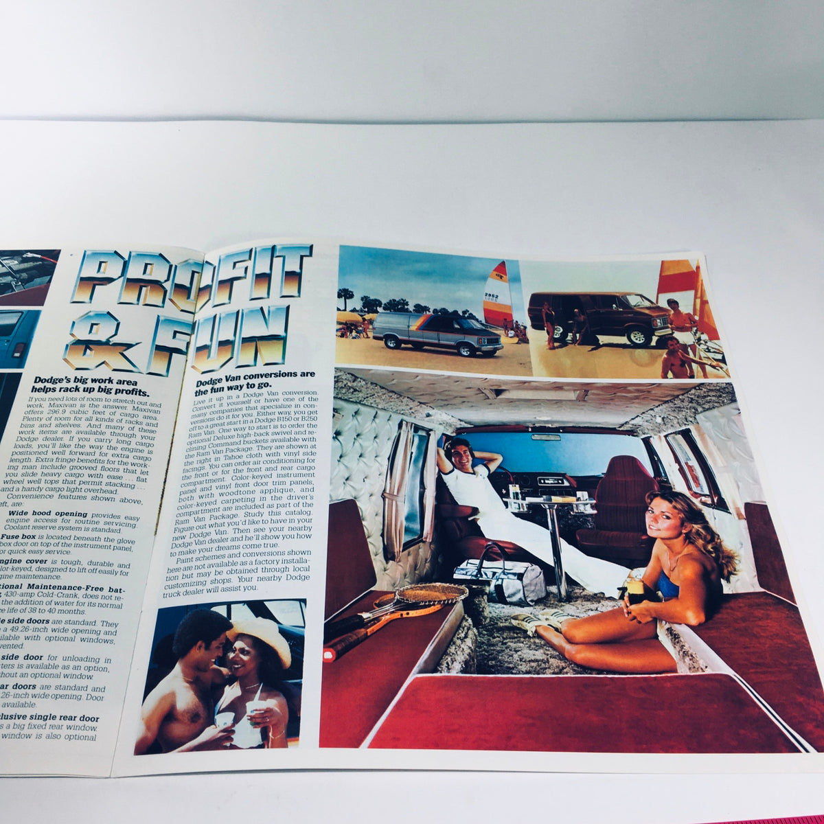 Inside view of a Dodge Van showcasing spacious seating and enjoyment, featured in the 1981 Ram Tough Dodge Truck Vans B150 B250 B350 V-8 Power Car Sale Brochure.