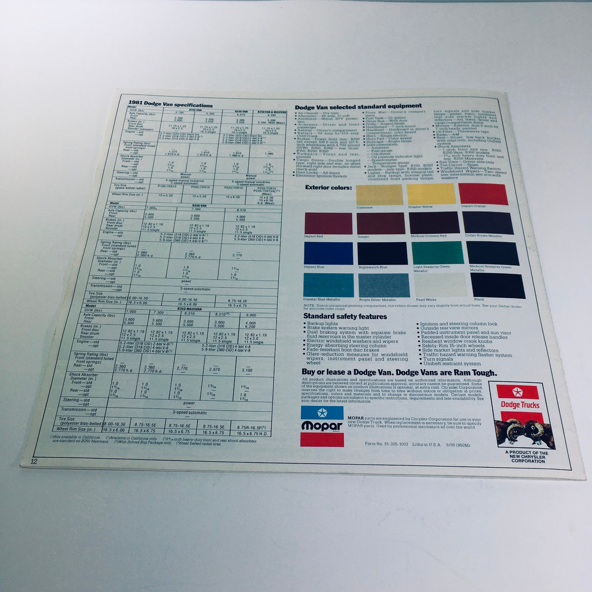 Specifications sheet for the 1981 Dodge Van, detailing standard equipment and color options, from the 1981 Ram Tough Dodge Truck Vans B150 B250 B350 V-8 Power Car Sale Brochure.