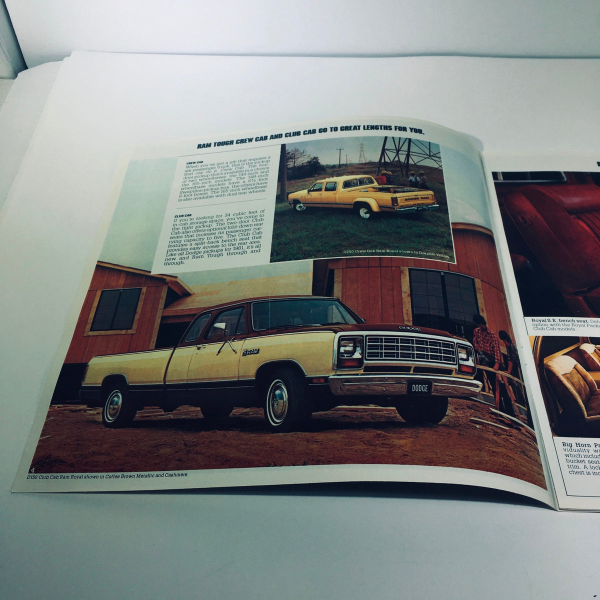 1981 Dodge Pickups D350 Crew Cab Ram Royal Two-Barrel V-8 Engine Car Brochure inside view showcasing the yellow Dodge Crew Cab truck, highlighting its spacious design and functionality.