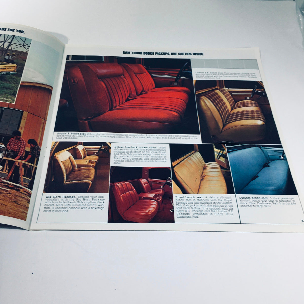 1981 Dodge Pickups D350 Crew Cab Ram Royal Two-Barrel V-8 Engine Car Brochure interior layout displaying various seat options including bench and bucket styles, emphasizing comfort and customization.
