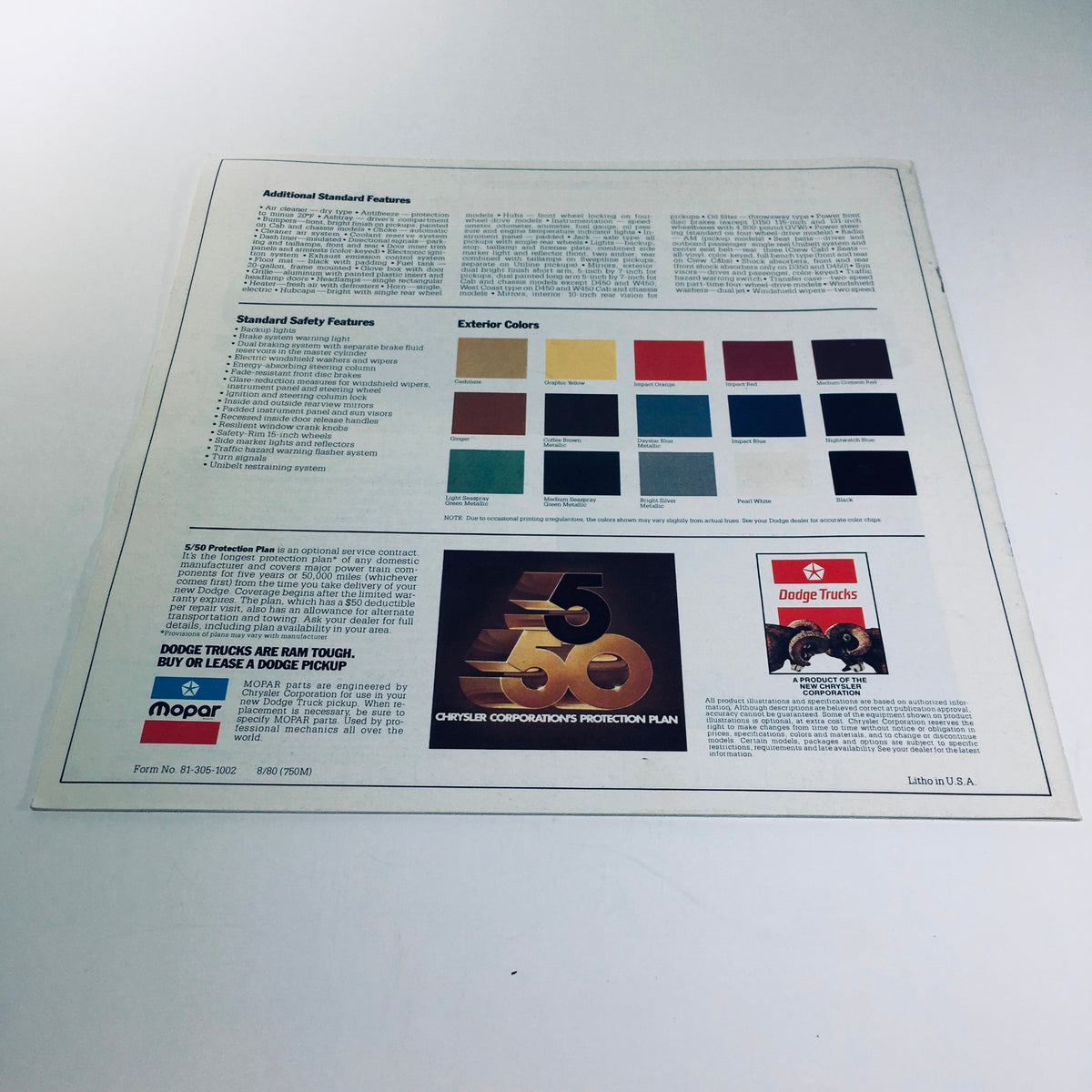 1981 Dodge Pickups D350 Crew Cab Ram Royal Two-Barrel V-8 Engine Car Brochure back page listing standard features and exterior color options along with a warranty advertisement.