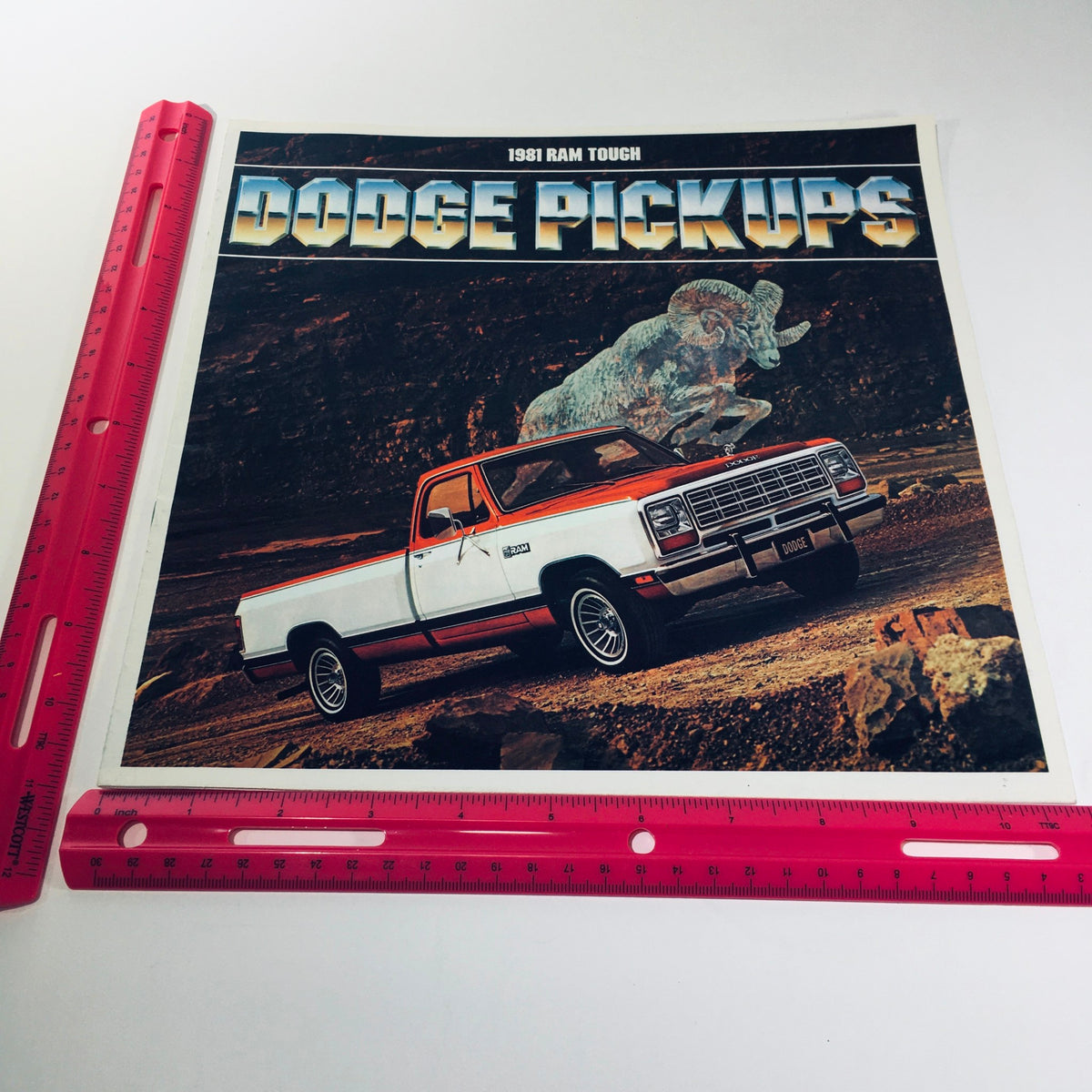 1981 Dodge Pickups D350 Crew Cab Ram Royal Two-Barrel V-8 Engine Car Brochure cover showcasing a stylized image of a white and orange D350 truck with striking graphics, promoting the durability of Dodge pickups.