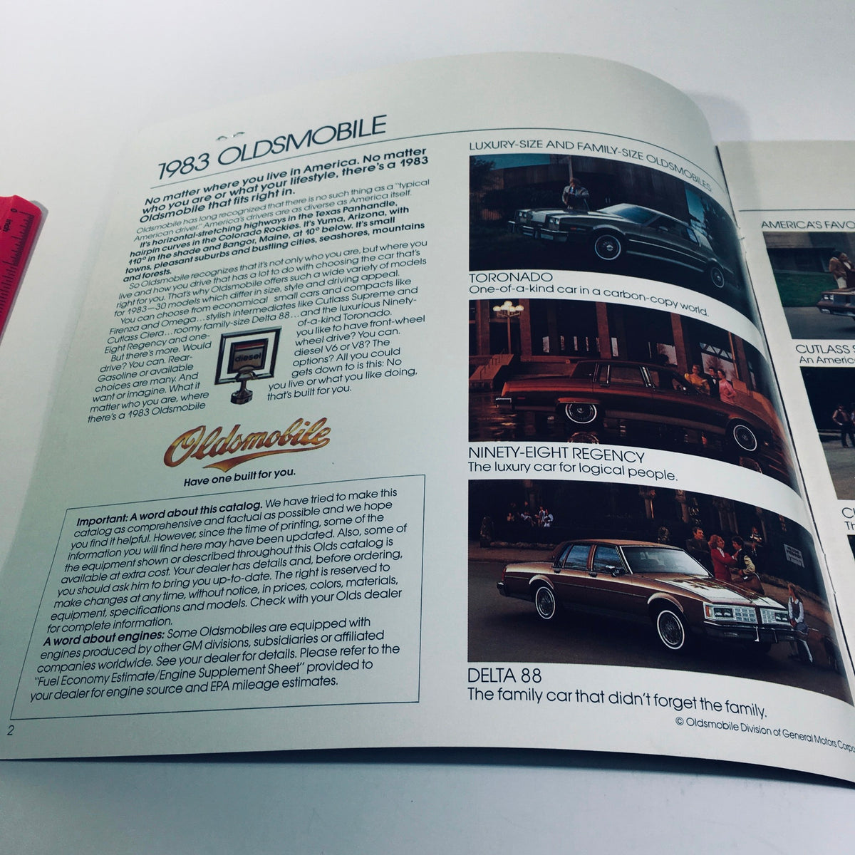 Interior page of the 1983 Oldsmobile Toronado Ninety-Eight Regency Delta 88 Custom Car Brochure, detailing different Oldsmobile models for 1983.