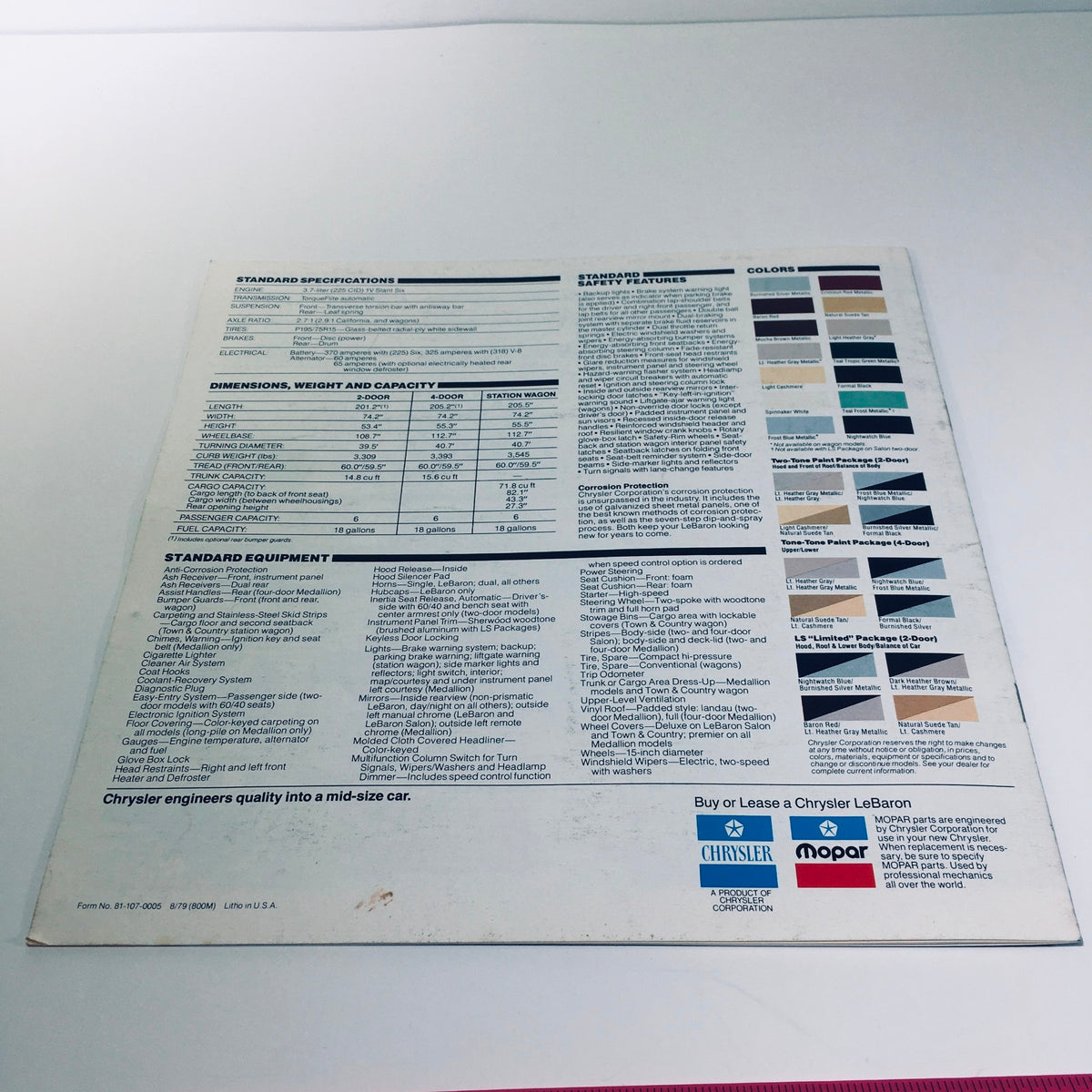 Back cover of the 1980 Chrysler LeBaron Four-Door Medallion MOPAR Parts Car Sale Brochure featuring specifications and equipment details.