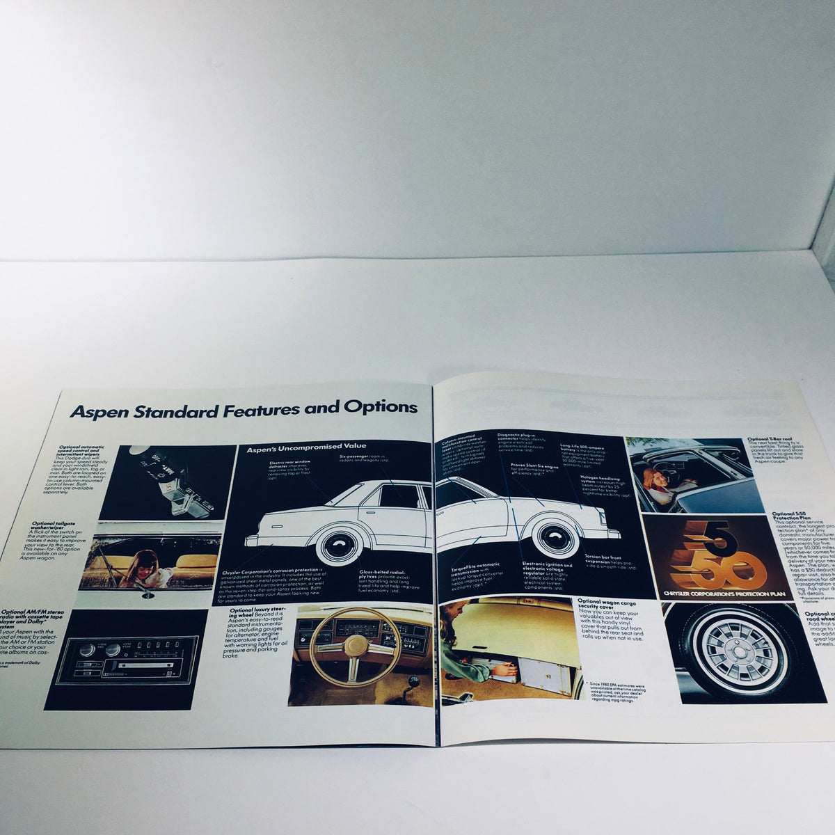 Open brochure showcasing the 1980 Dodge Aspen Coupe Optional T-Bar Roof, featuring standard features and options, with images and descriptions of the car's attributes.
